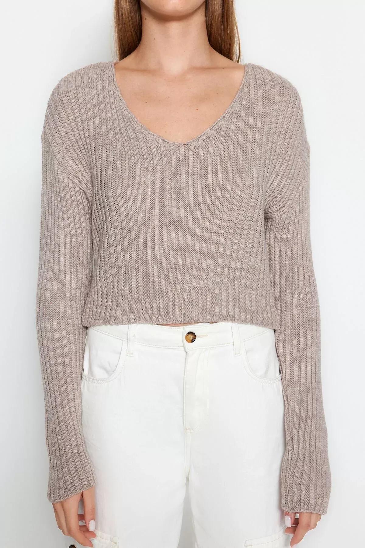 Beige V-Neck Cropped Knitted Sweater, Mink, large image number 2