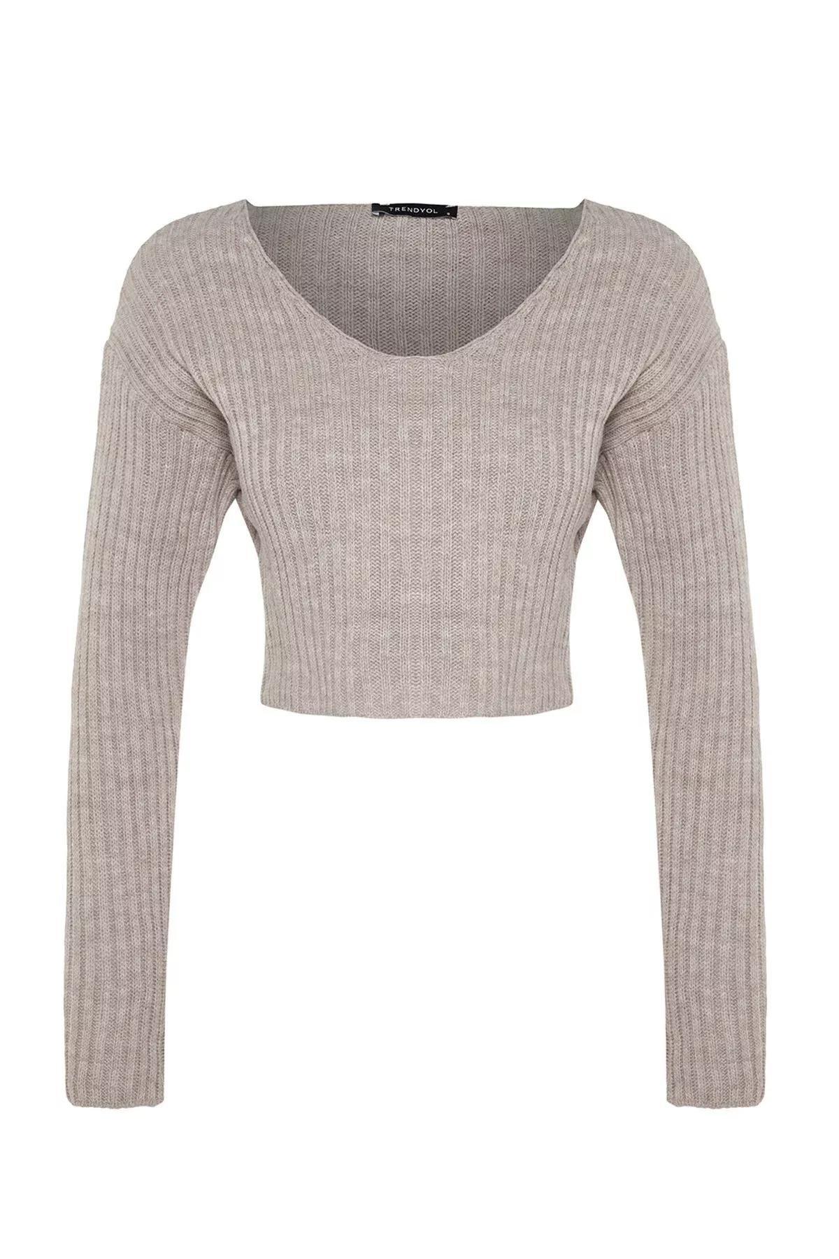 Beige V-Neck Cropped Knitted Sweater, Mink, large image number 5