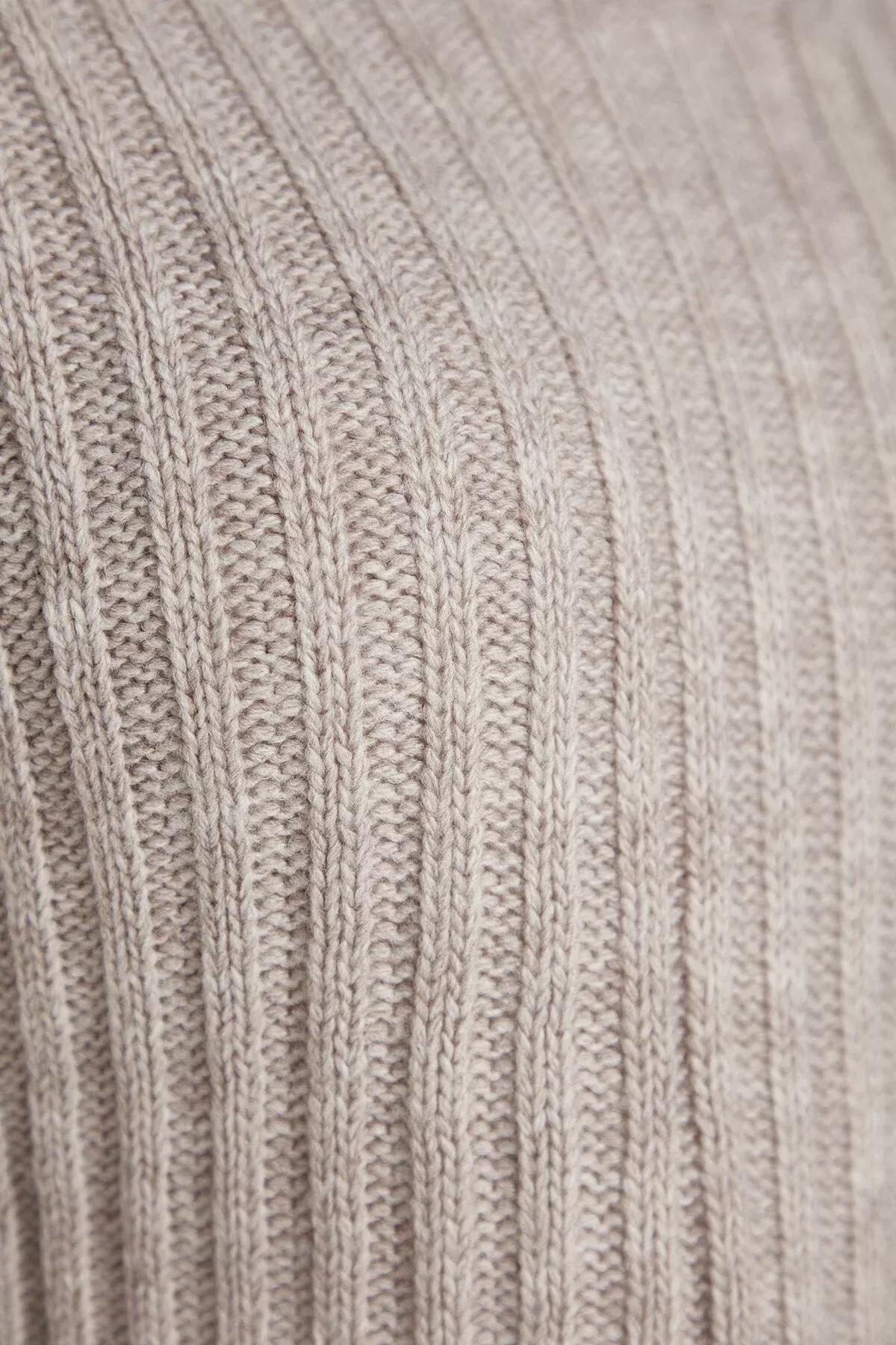 Beige V-Neck Cropped Knitted Sweater, Mink, large image number 6