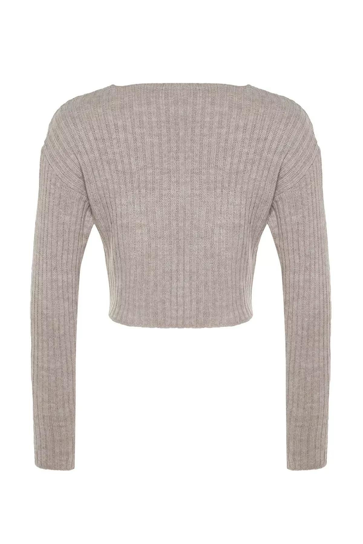 Beige V-Neck Cropped Knitted Sweater, Mink, large image number 7