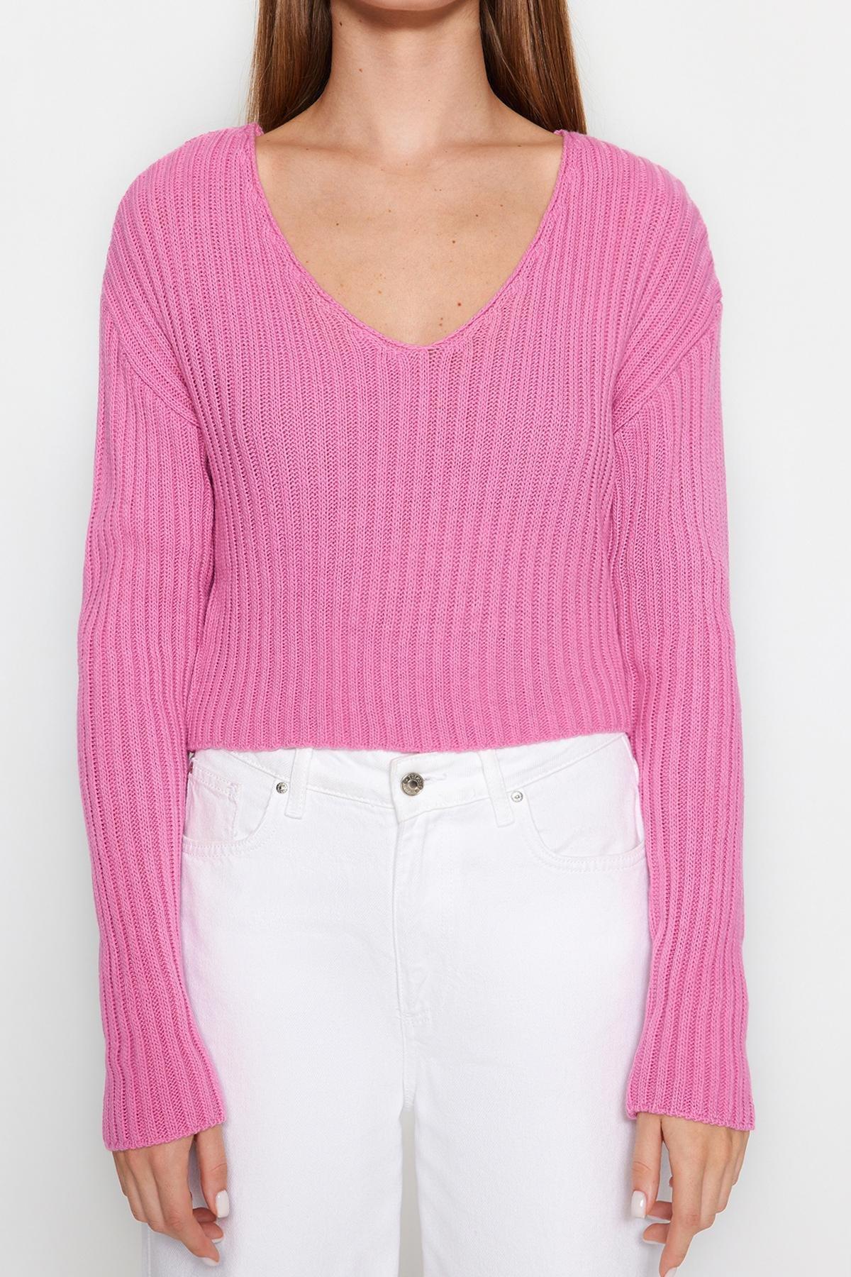 Trendyol - Pink V-Neck Cropped Knitted Sweater
