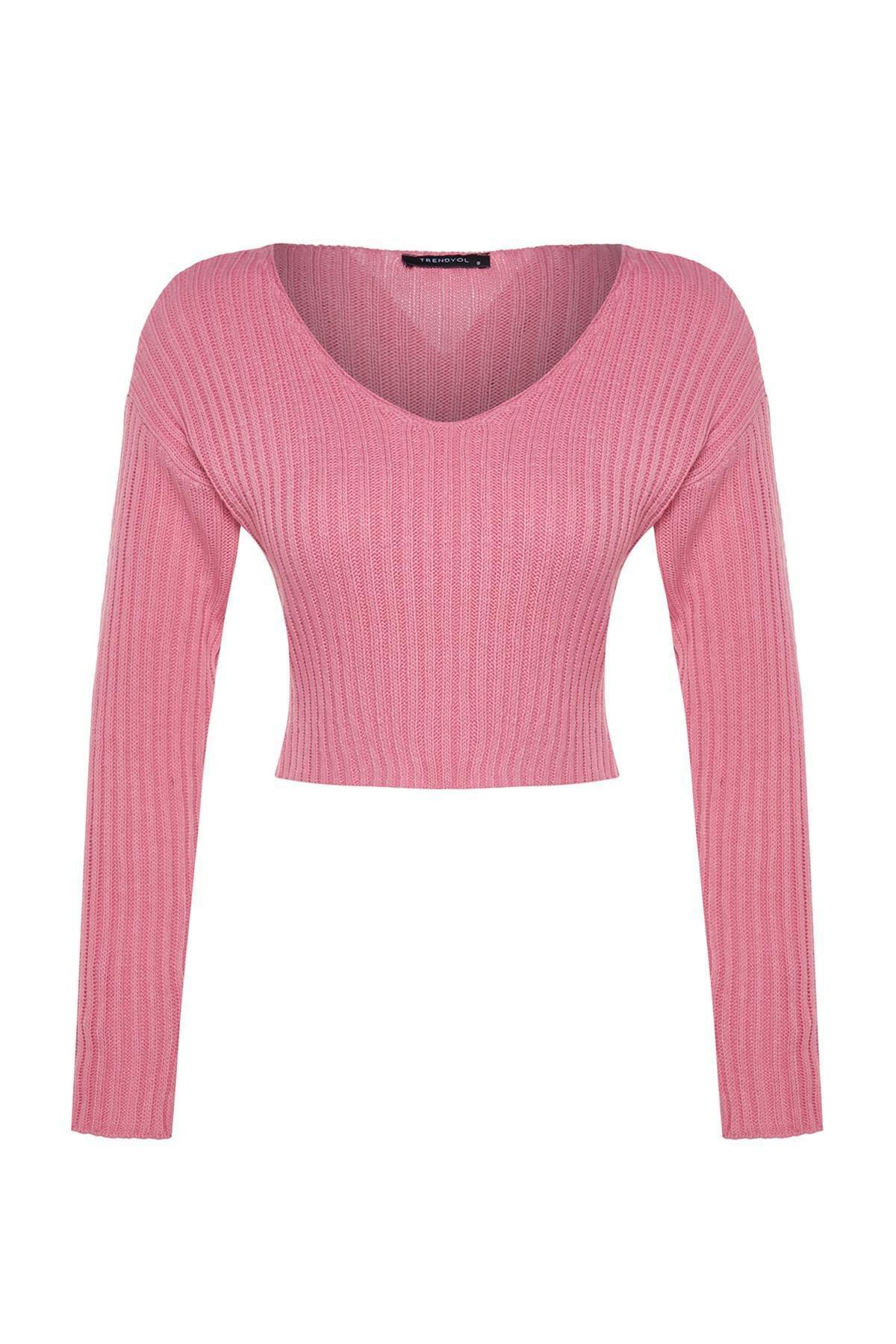 Trendyol - Pink V-Neck Cropped Knitted Sweater