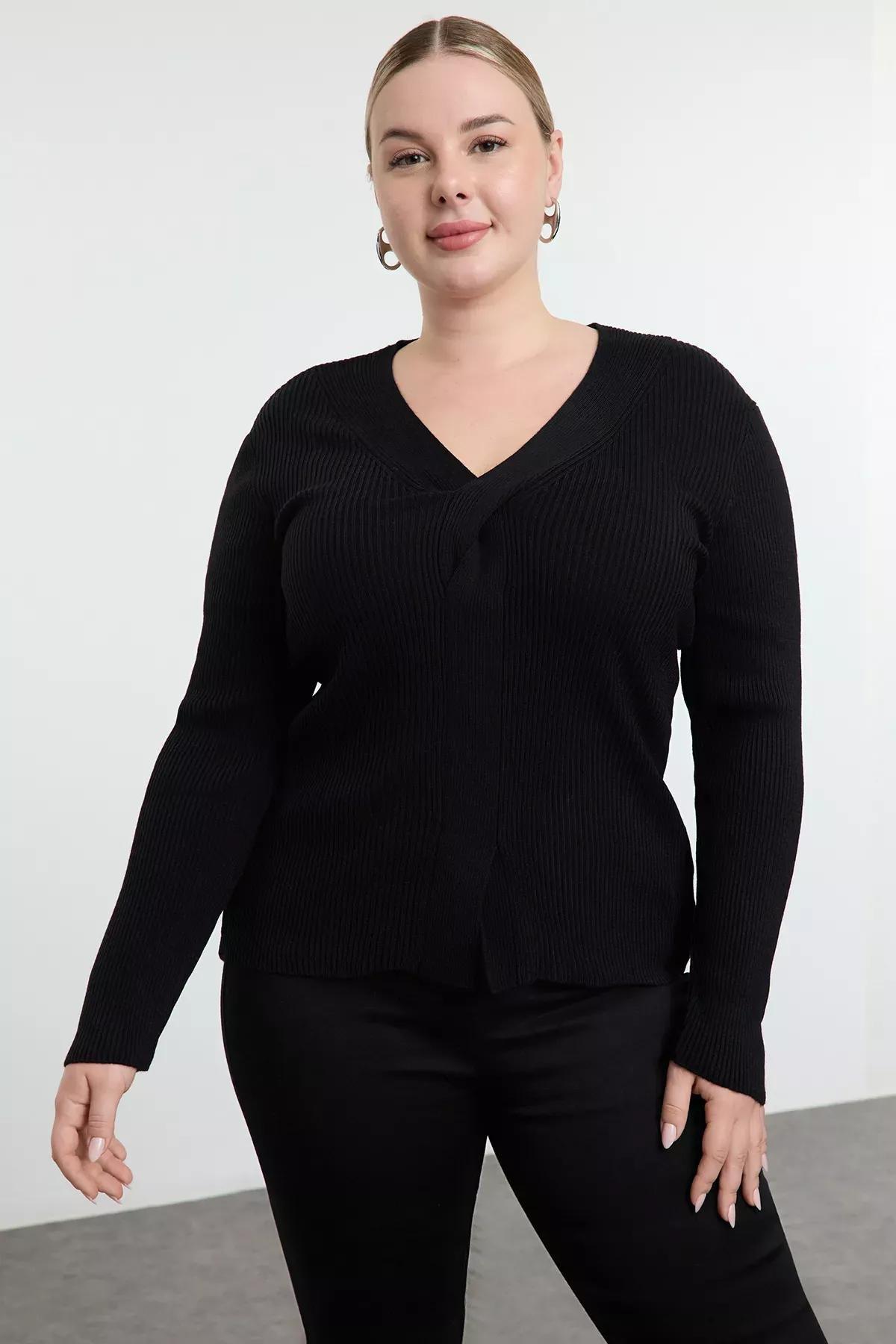 Black V-Neck Knit Sweater, , large image number 0