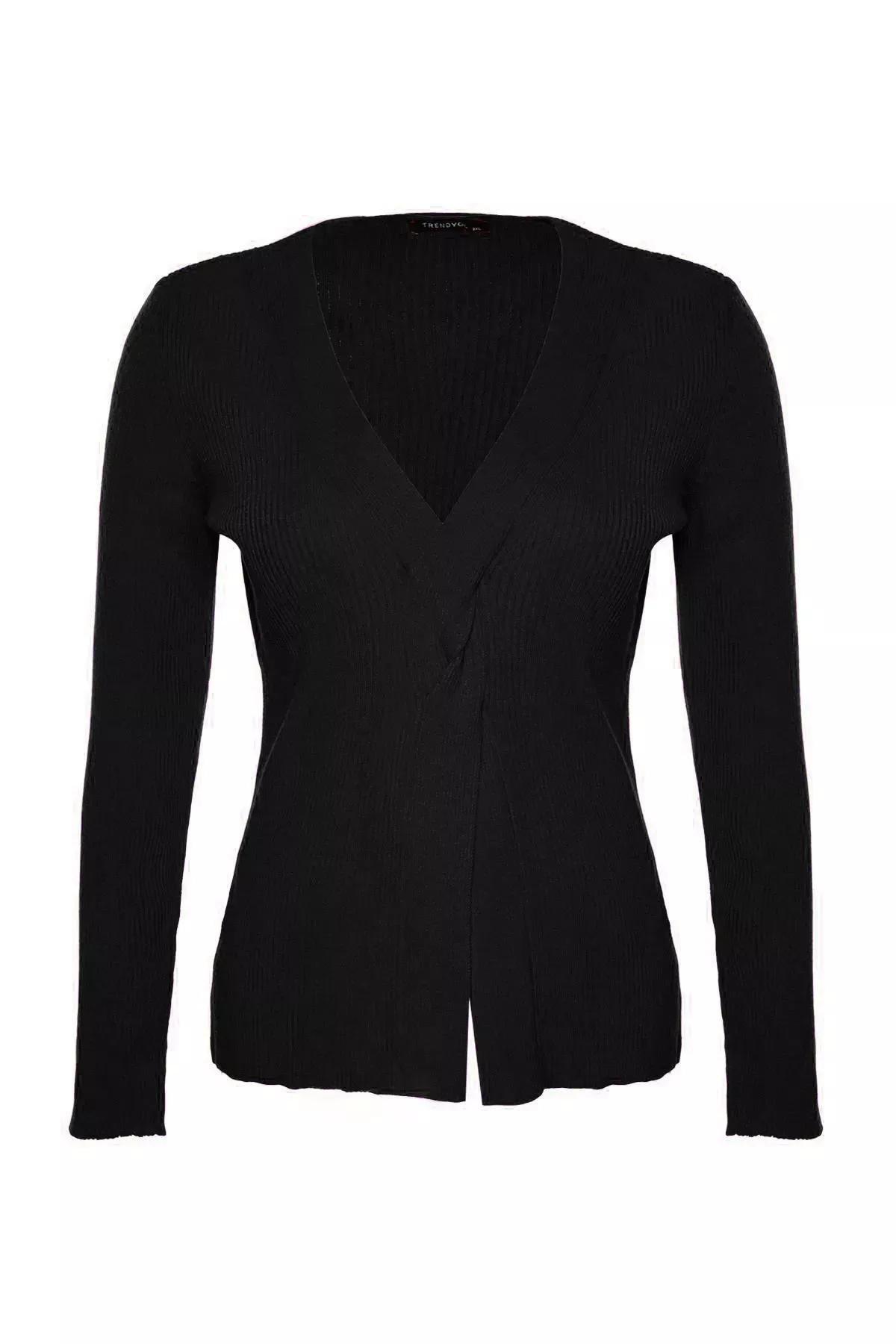 Black V-Neck Knit Sweater, , large image number 6