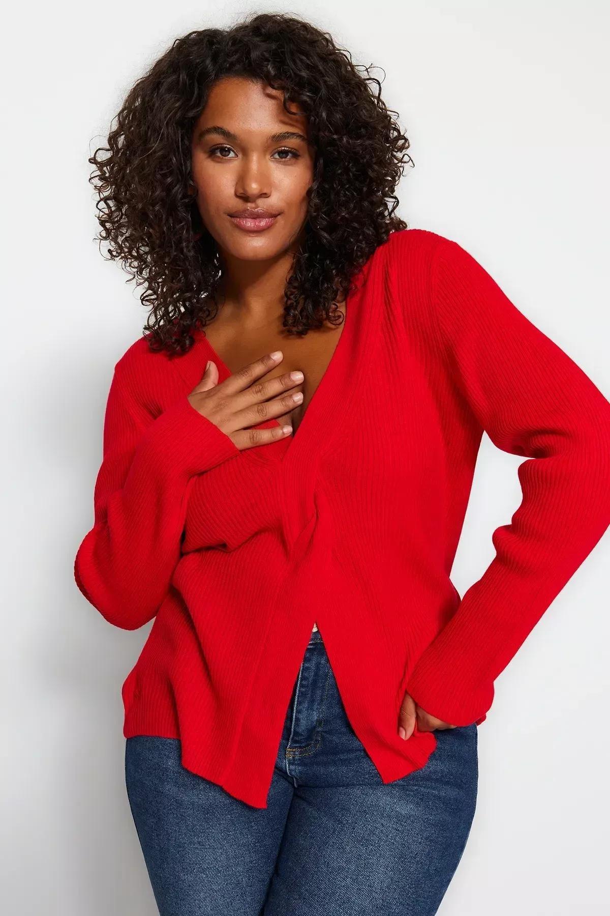 Red Lurex Knot Detail Knitted Sweater, Red, large image number 0