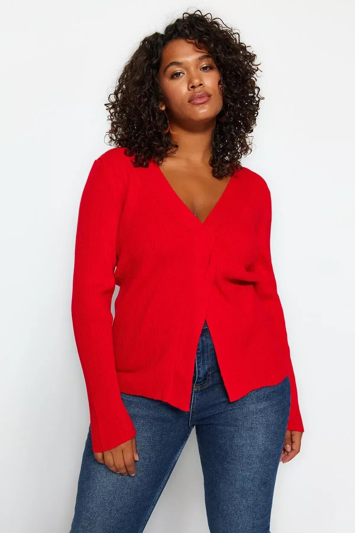 Red Lurex Knot Detail Knitted Sweater, Red, large image number 1
