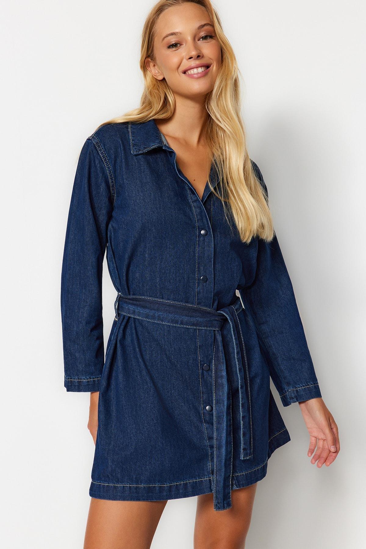 Trendyol - Blue Belted Denim Mini Shirt Dress