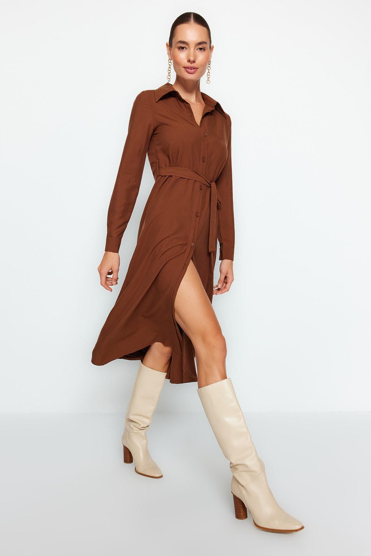 Trendyol - Brown Belted Shirt Dress