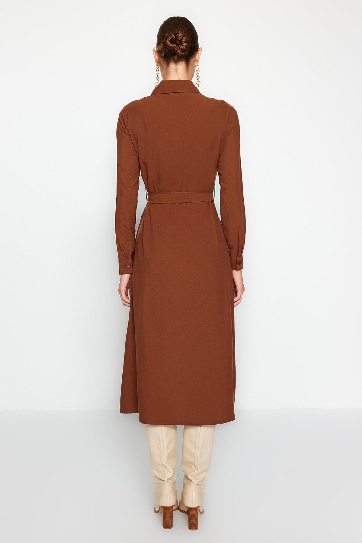 Trendyol - Brown Belted Shirt Dress