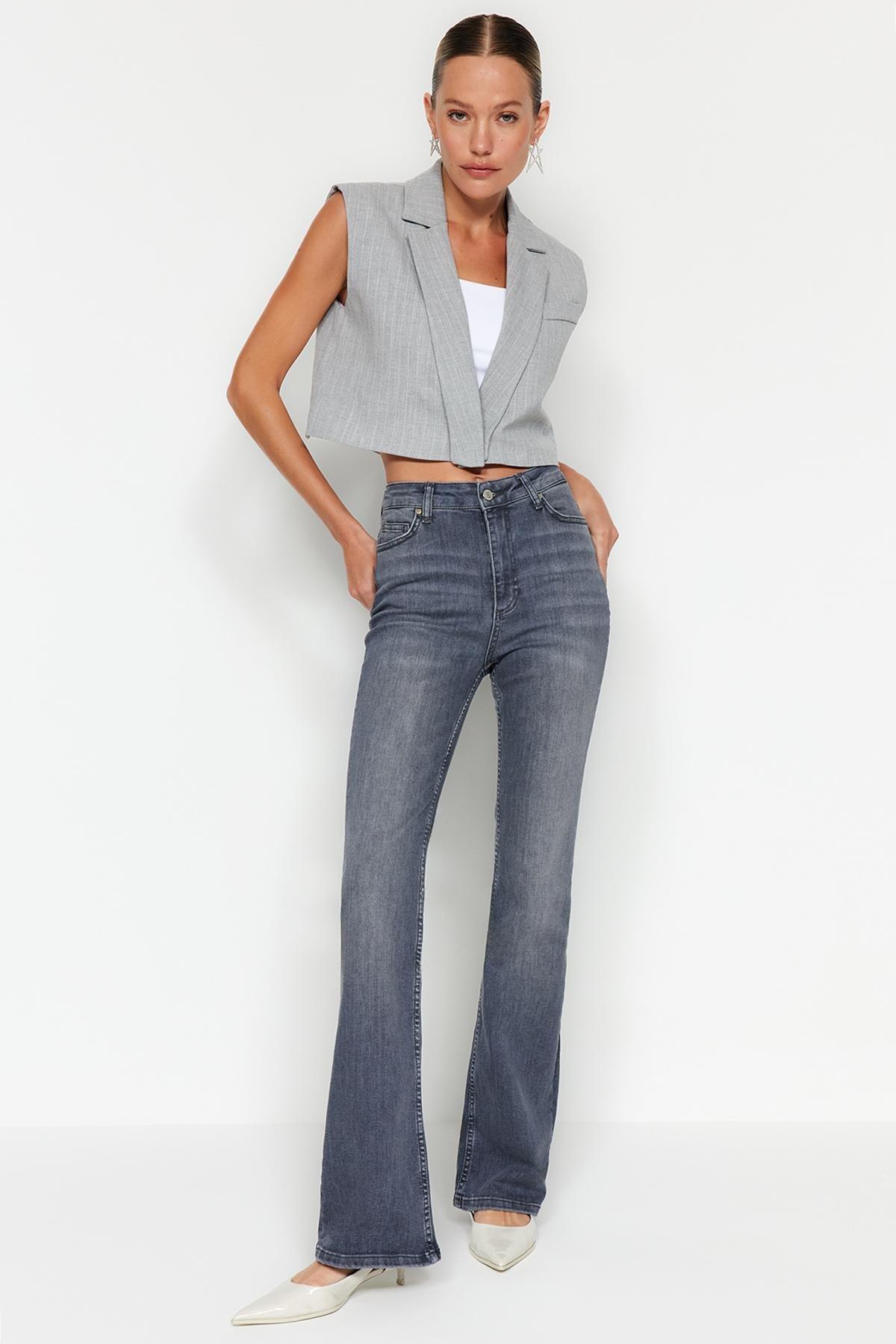 Trendyol - Grey High Waist Flared Jeans