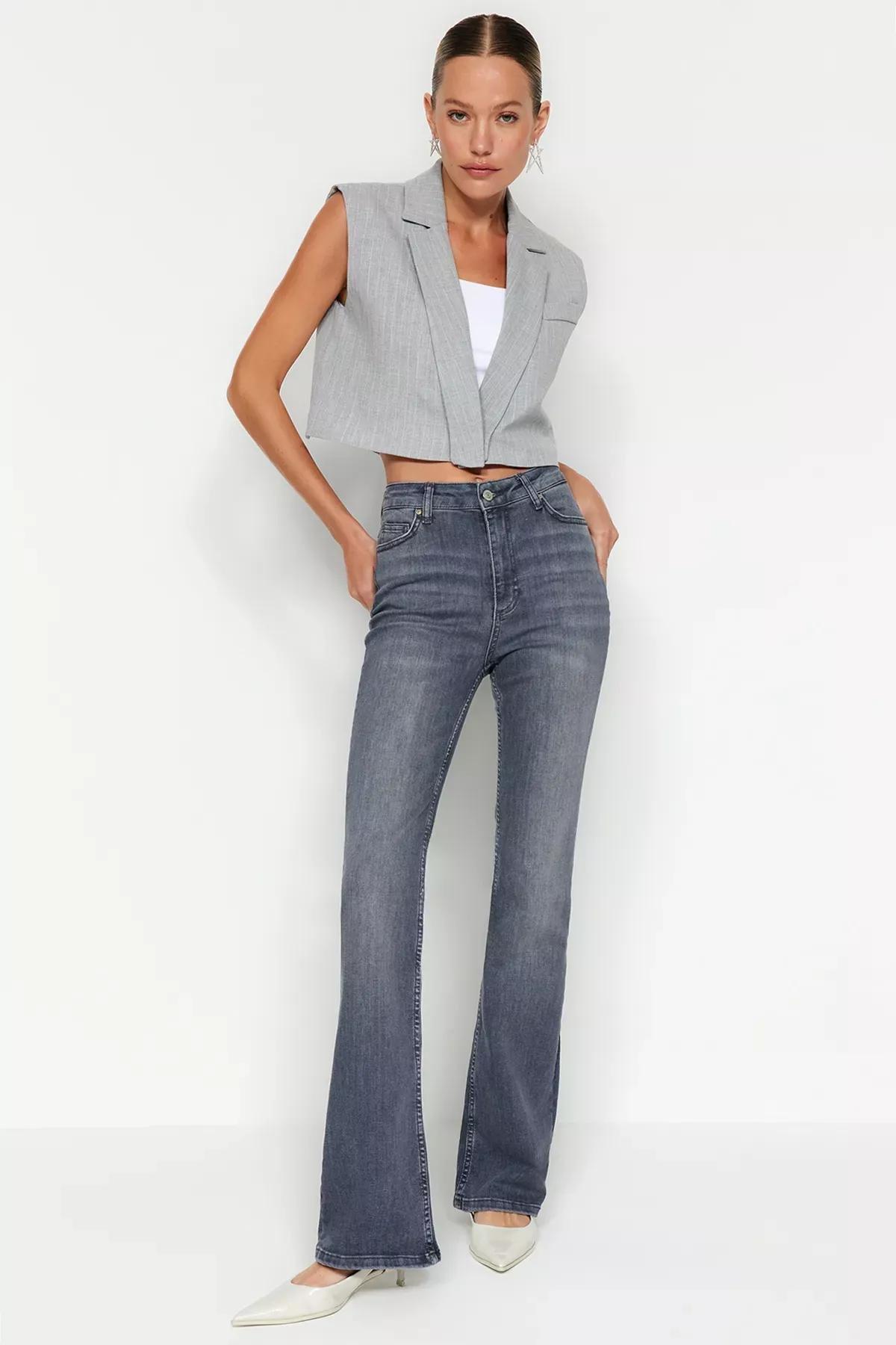 Grey High Waist Flared Jeans, , large image number 0