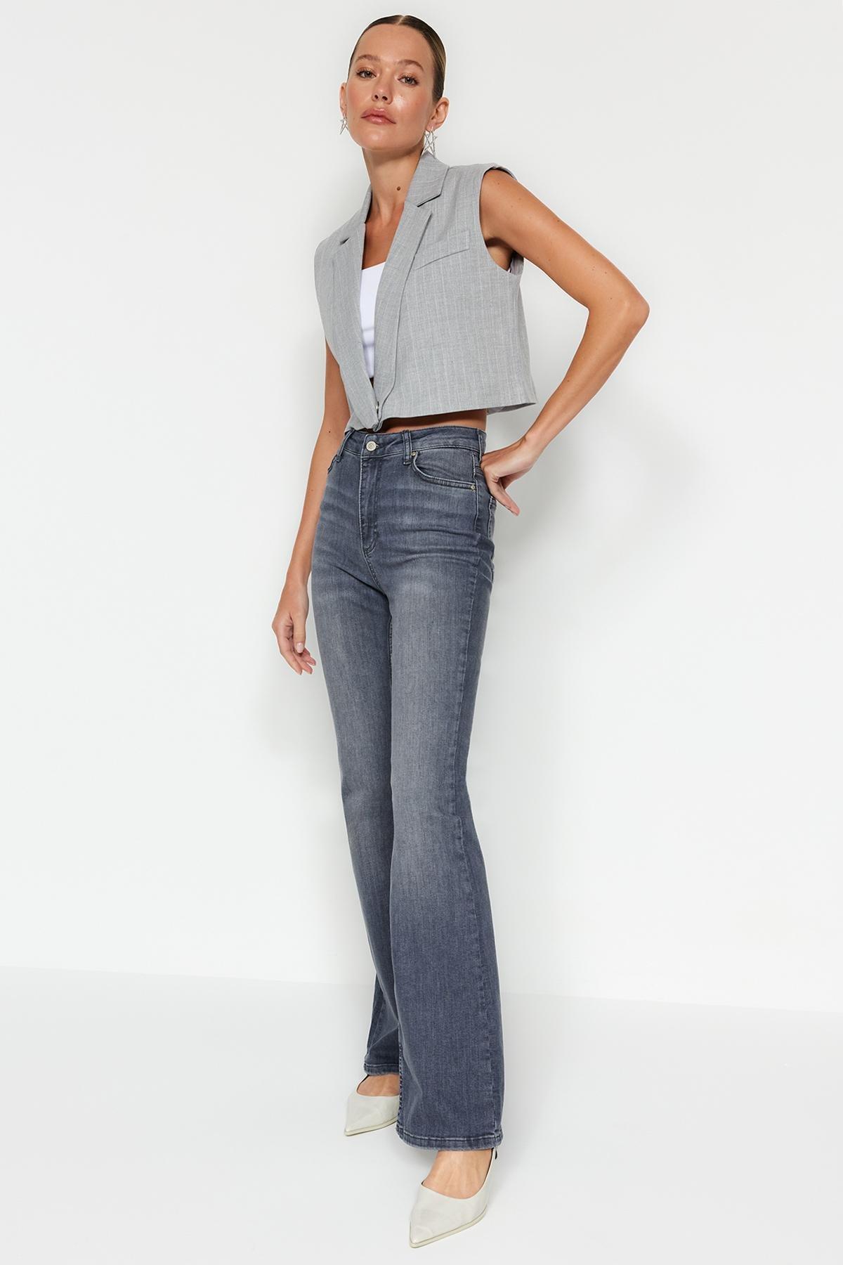 Trendyol - Grey High Waist Flared Jeans