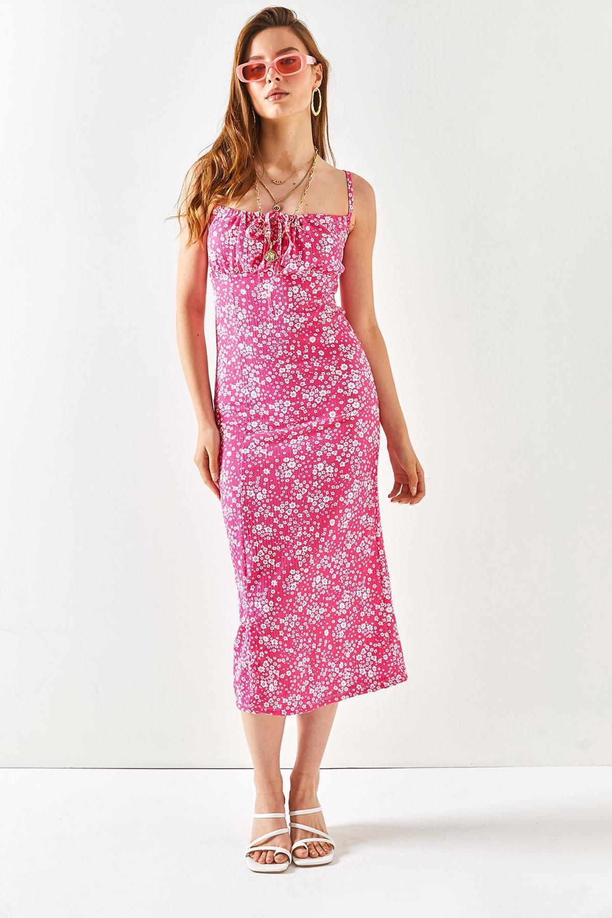 Olalook - Pink Floral Midi Dress