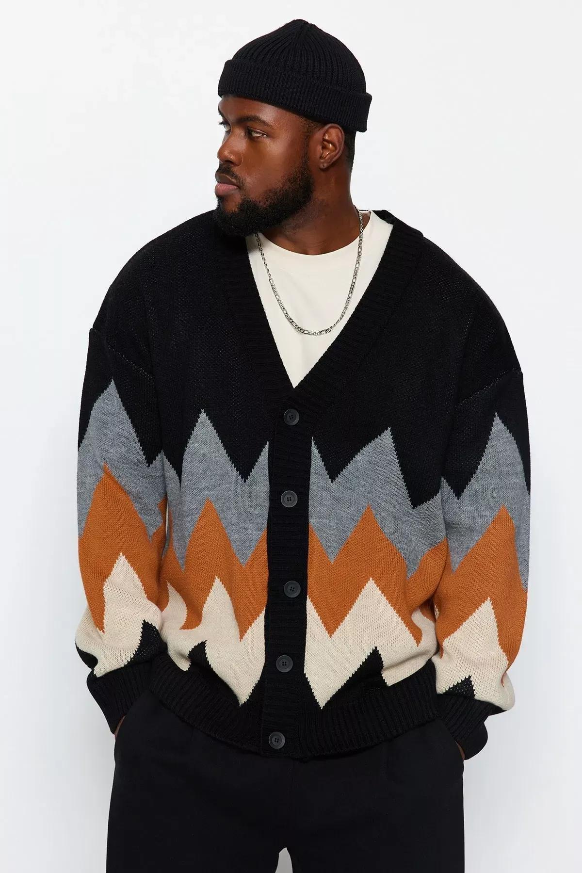 Black Oversized Patterned Knitted Cardigan, BLACK, large image number 0