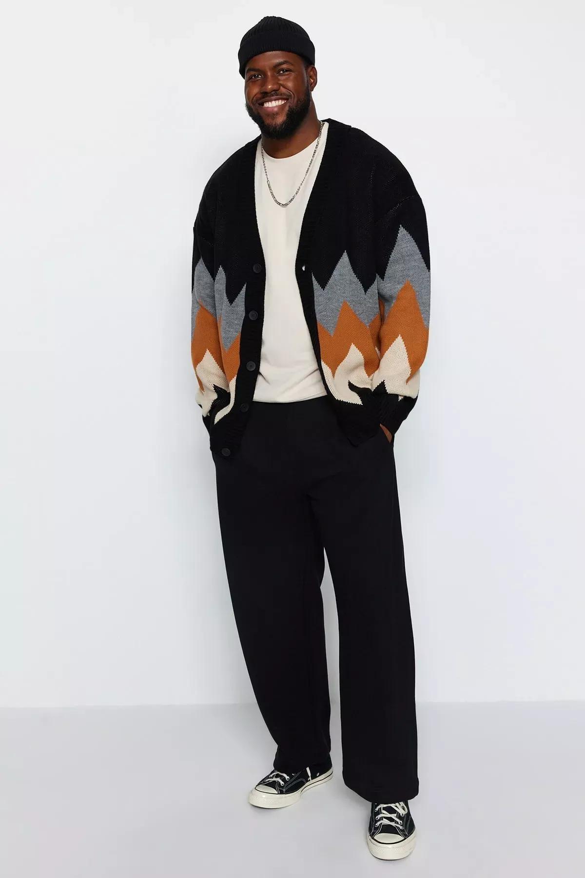 Black Oversized Patterned Knitted Cardigan, BLACK, large image number 1