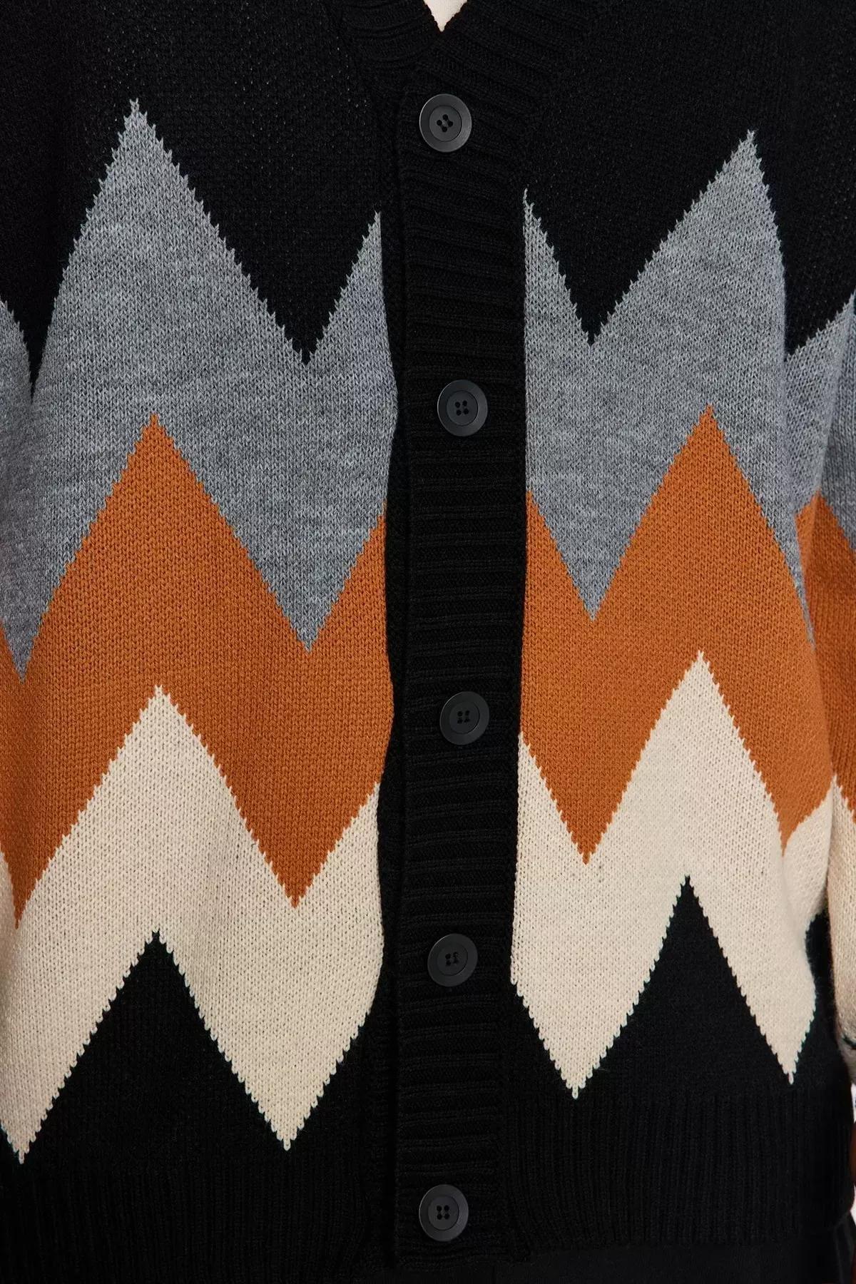 Black Oversized Patterned Knitted Cardigan, BLACK, large image number 4