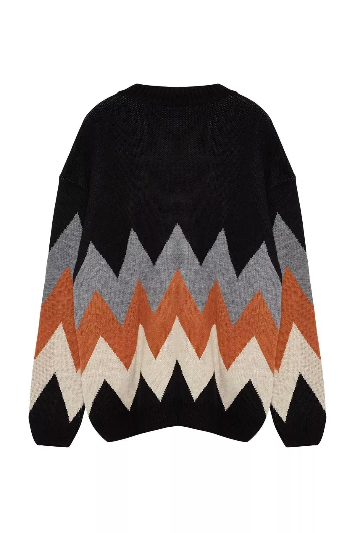 Black Oversized Patterned Knitted Cardigan, BLACK, large image number 6