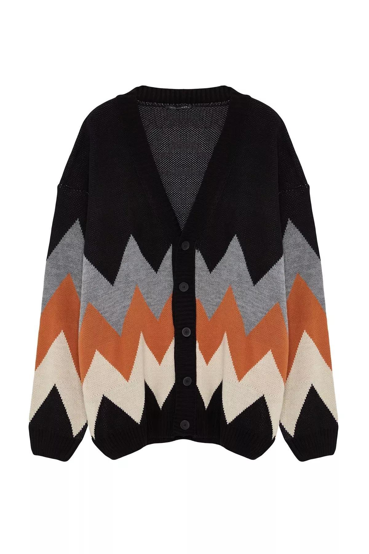 Black Oversized Patterned Knitted Cardigan, BLACK, large image number 7