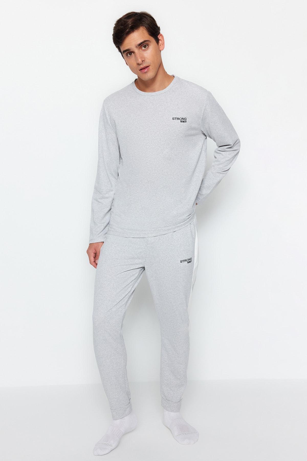 Gray Embroidered Detailed Knitted Pyjamas Set, , large image number 0