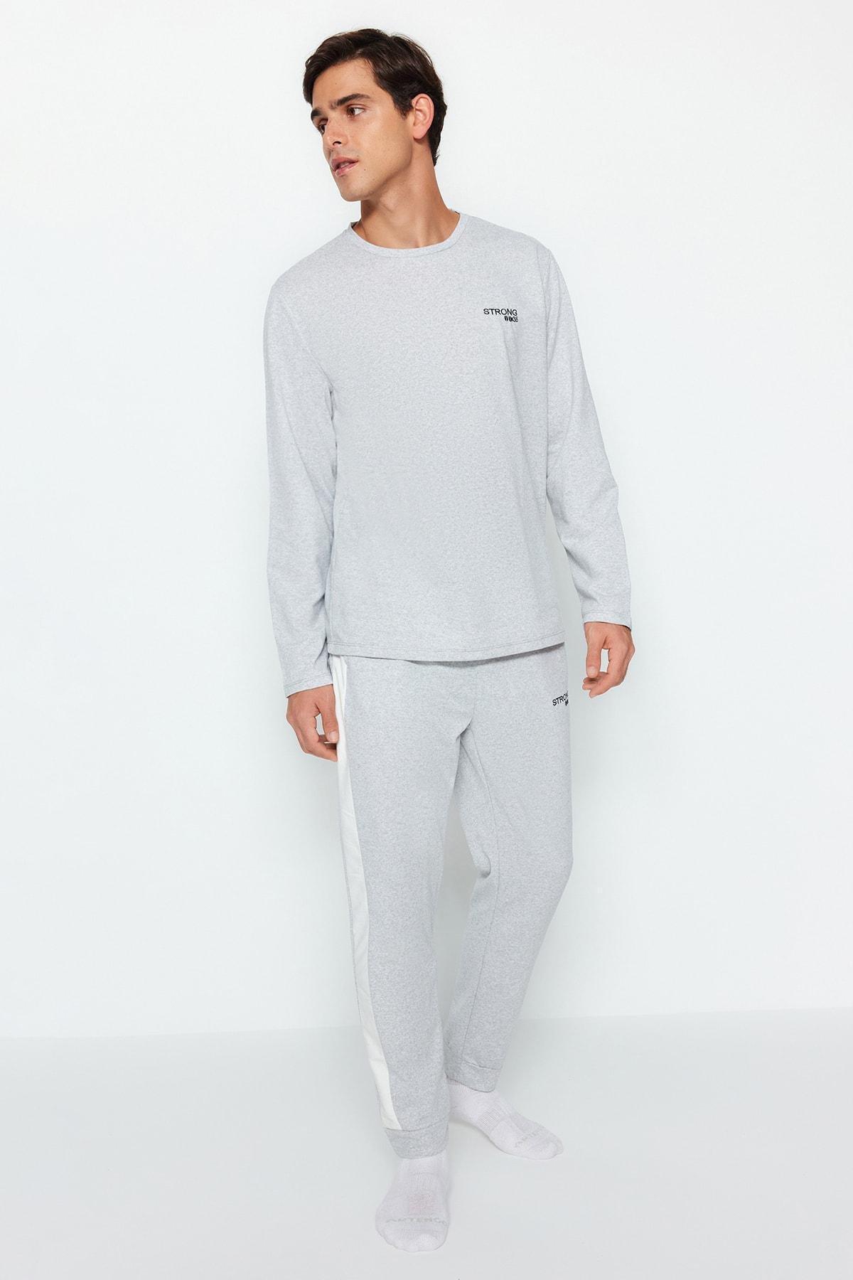 Gray Embroidered Detailed Knitted Pyjamas Set, , large image number 1