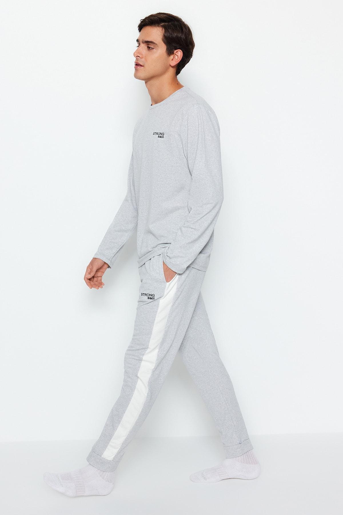 Gray Embroidered Detailed Knitted Pyjamas Set, , large image number 2