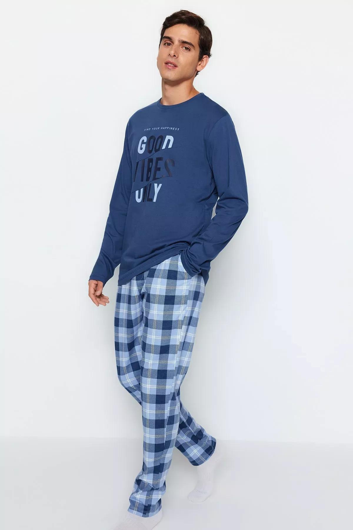 Blue Plaid Knitted Pyjamas Set, Blue, large image number 0