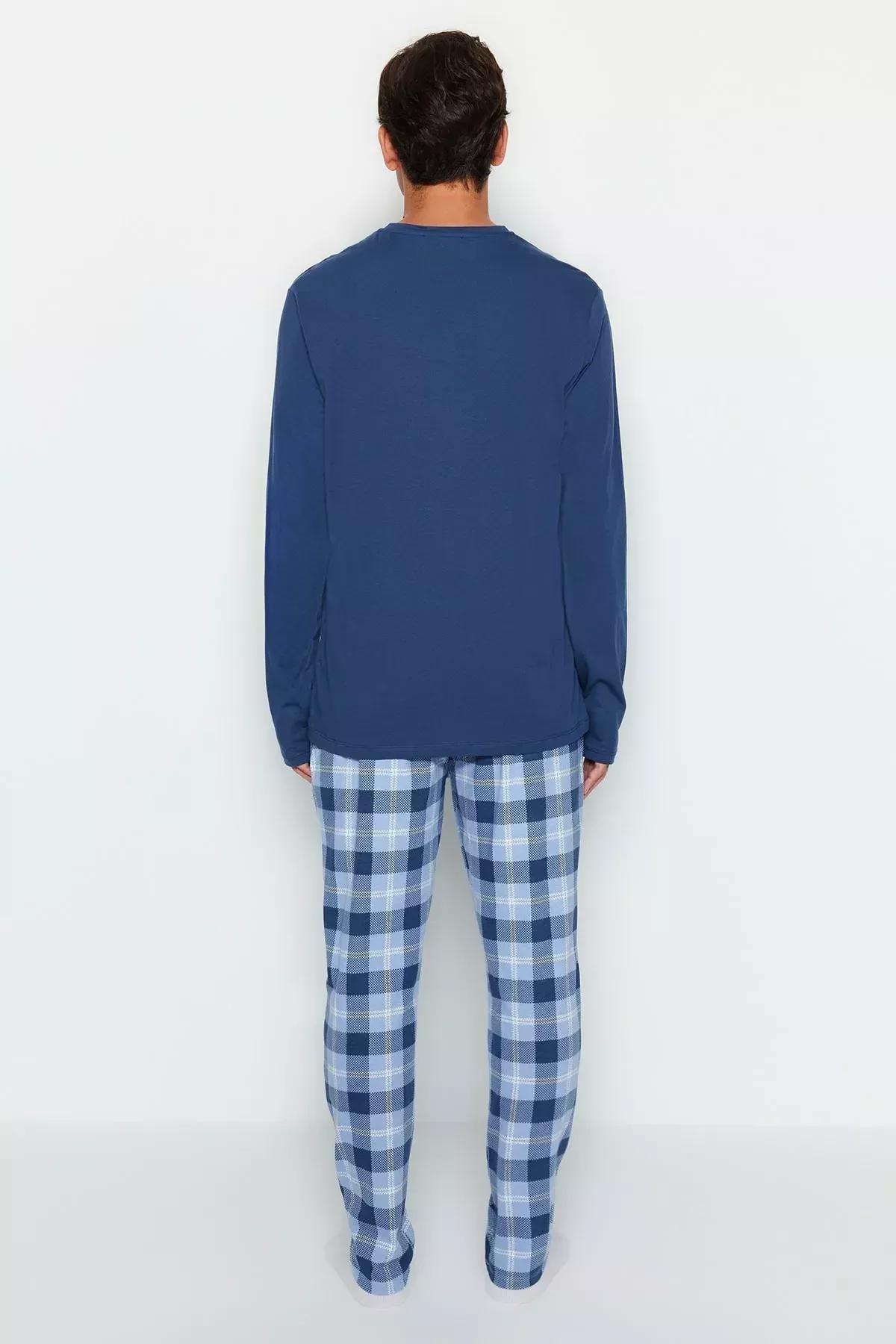 Blue Plaid Knitted Pyjamas Set, Blue, large image number 4