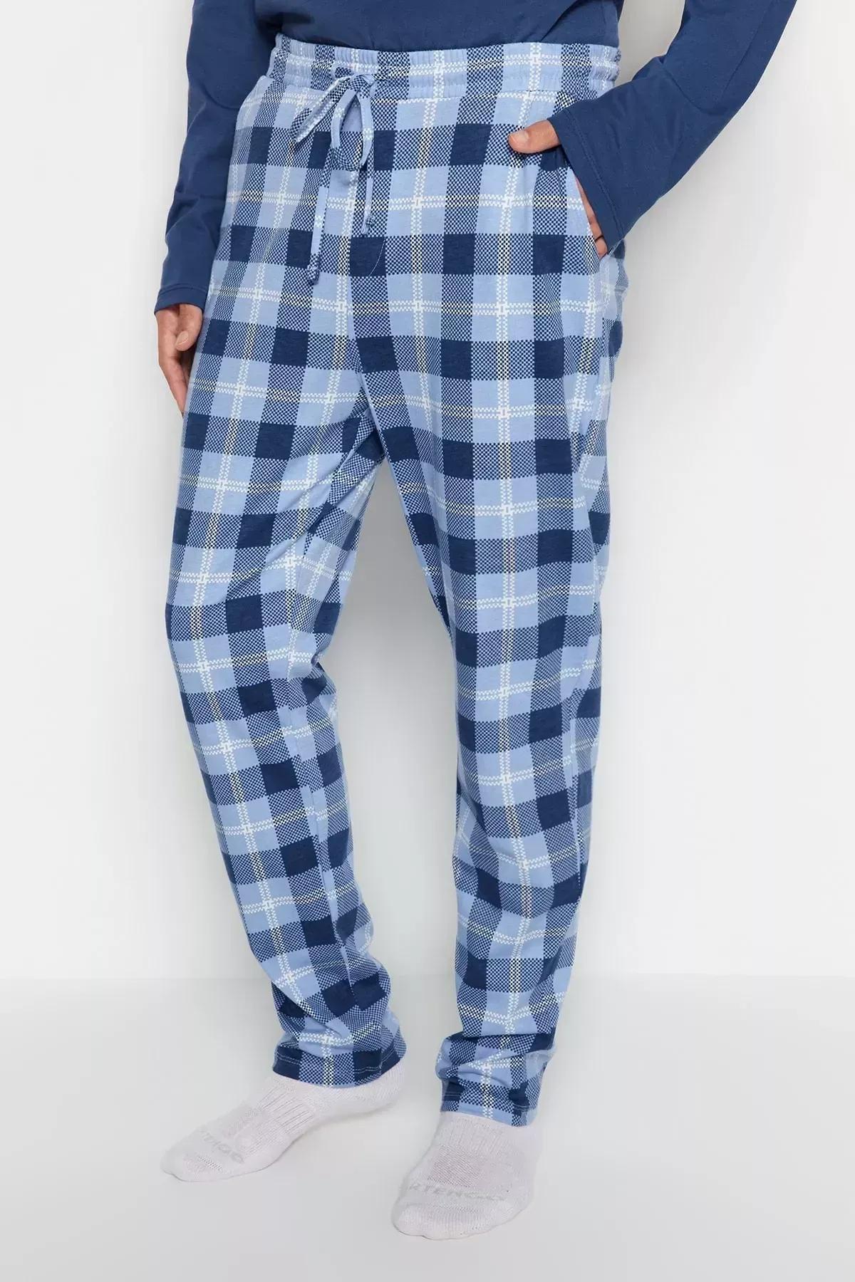 Blue Plaid Knitted Pyjamas Set, Blue, large image number 5