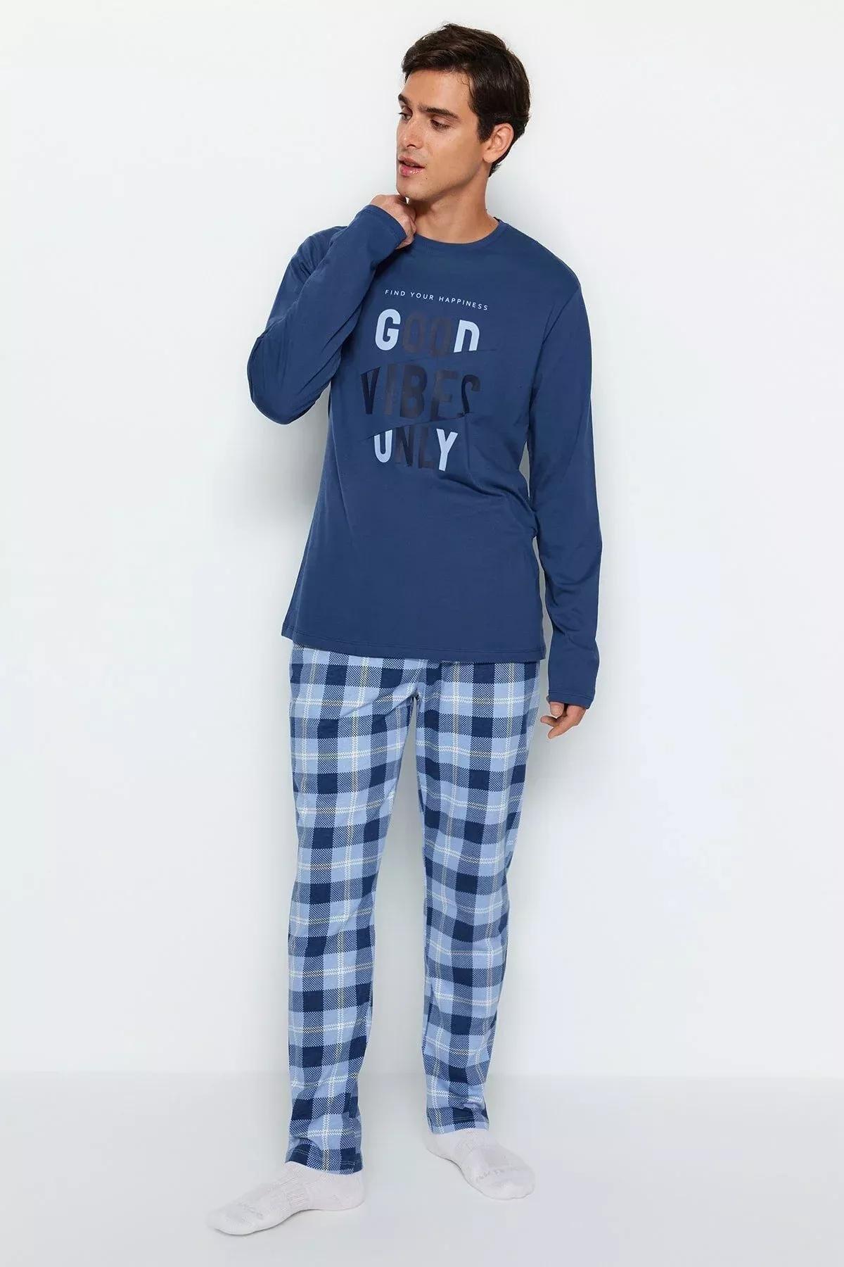 Blue Plaid Knitted Pyjamas Set, Blue, large image number 7