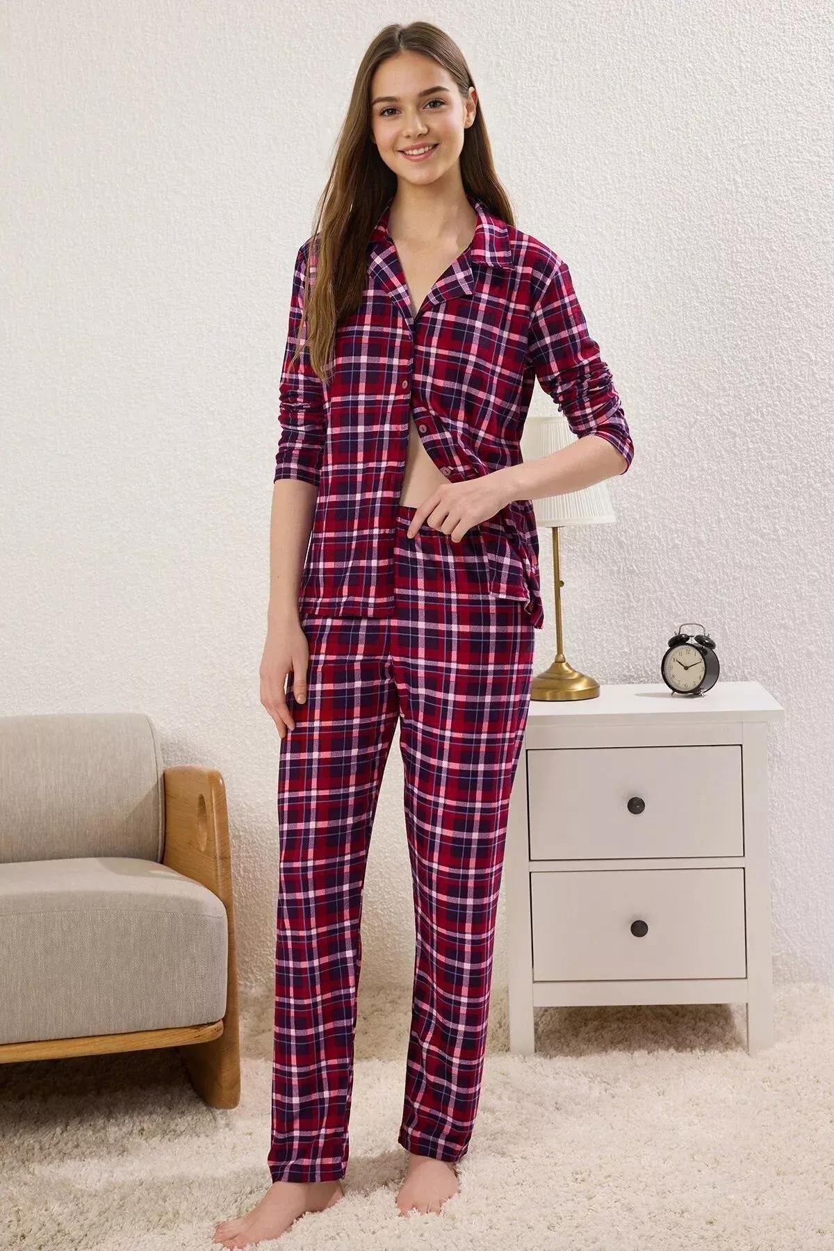 Burgundy Plaid Soft Feeling Sleep Band Pajama Set, Burgundy, medium