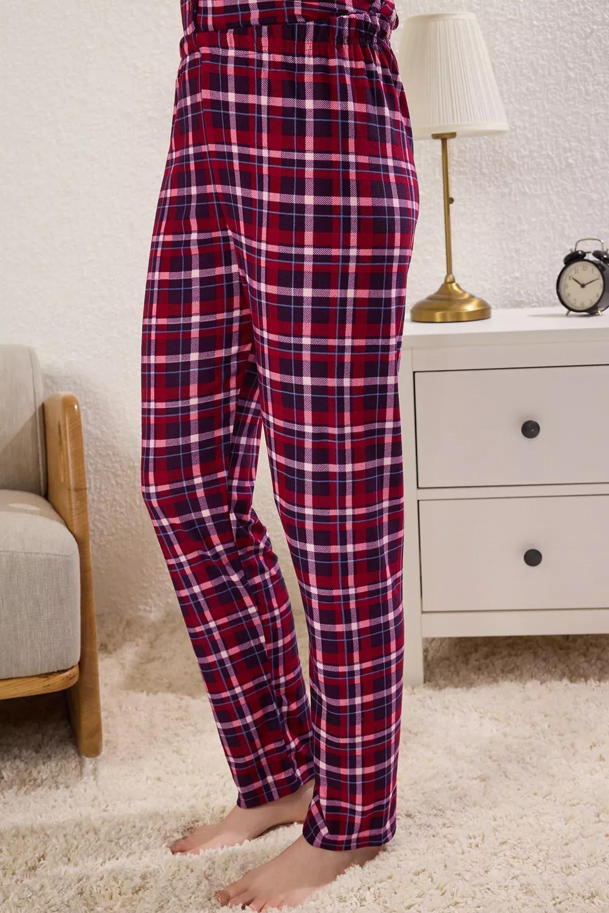 Burgundy Plaid Soft Feeling Sleep Band Pajama Set, Burgundy, large image number 2