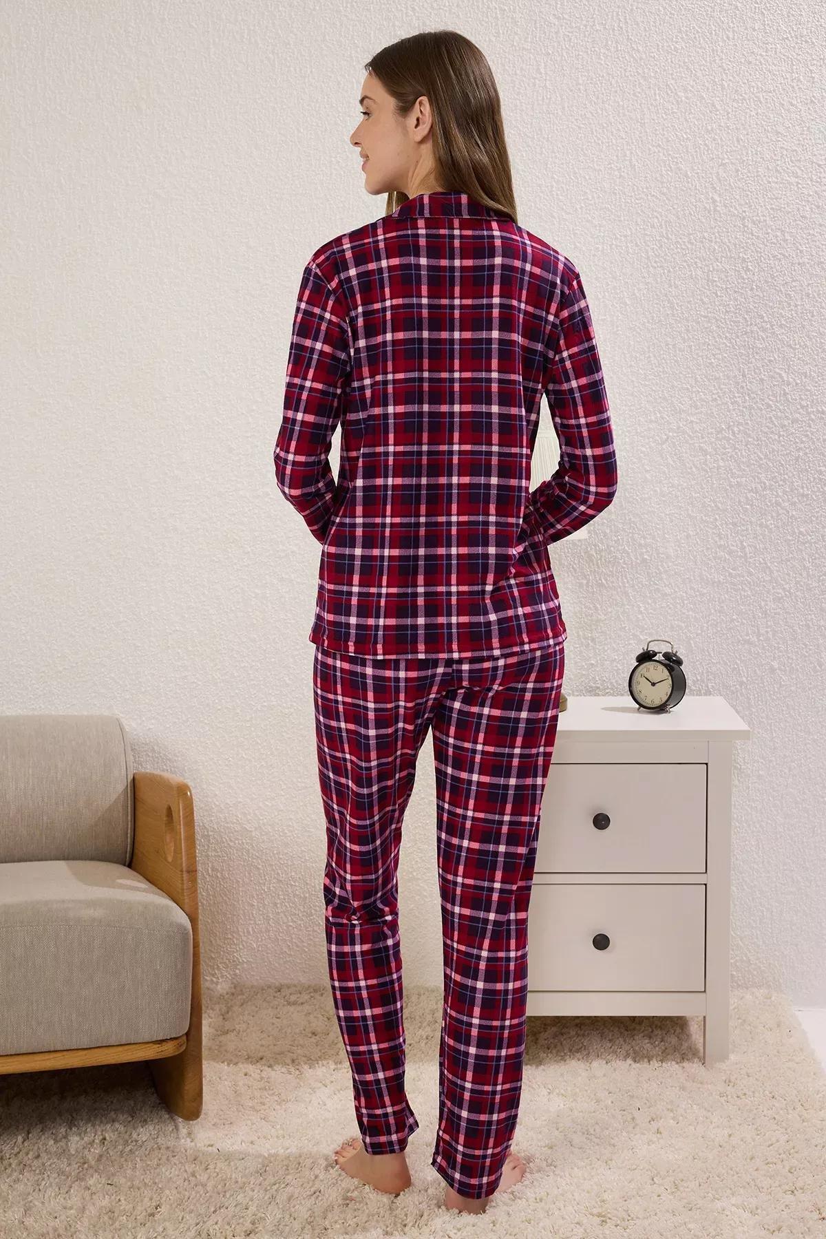 Burgundy Plaid Soft Feeling Sleep Band Pajama Set, Burgundy, large image number 3