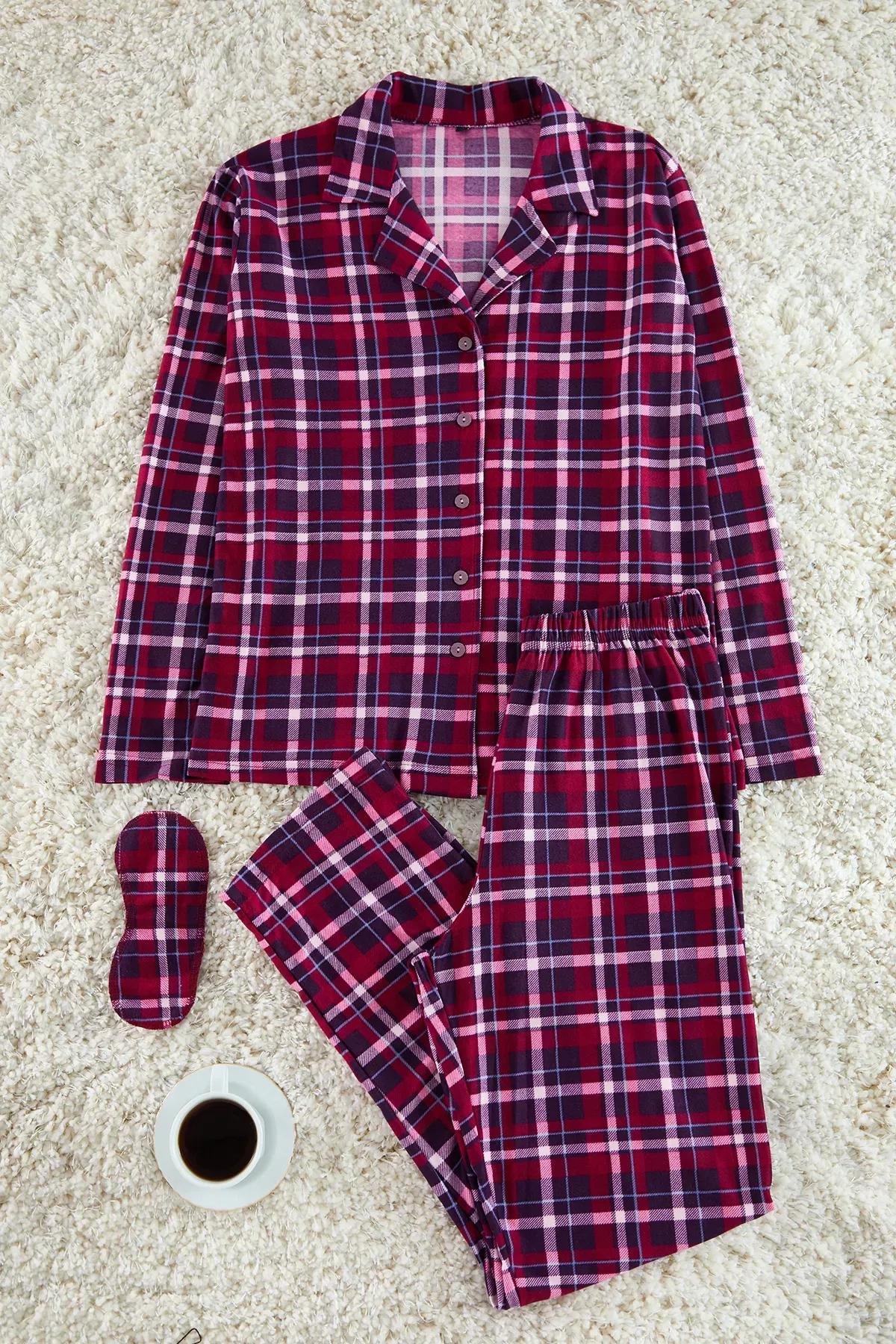 Burgundy Plaid Soft Feeling Sleep Band Pajama Set, Burgundy, large image number 4