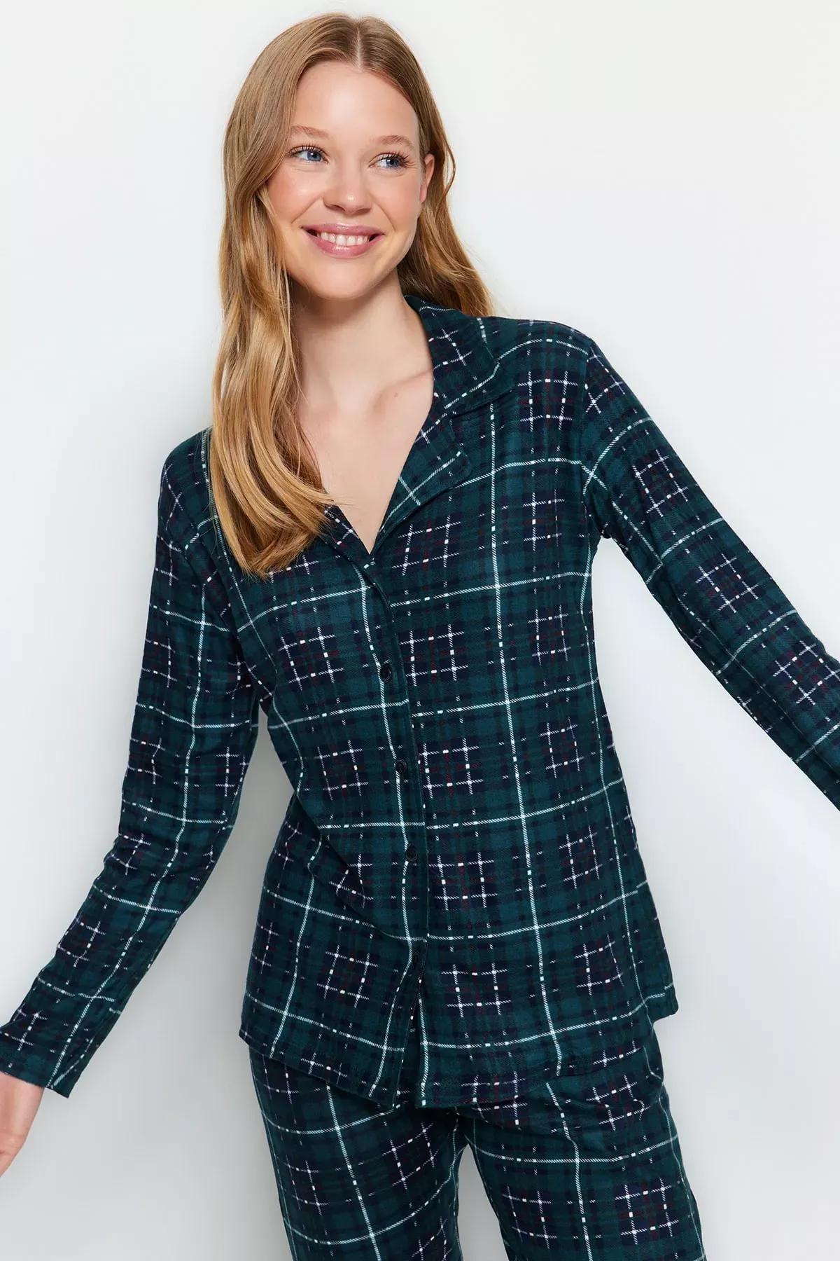 Green Checkered Knitted Pyjamas Set., Green, large image number 1