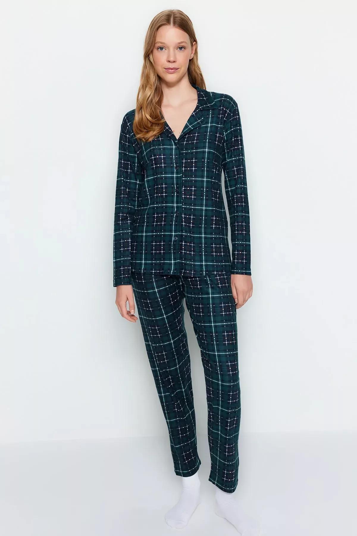 Green Checkered Knitted Pyjamas Set., Green, large image number 2