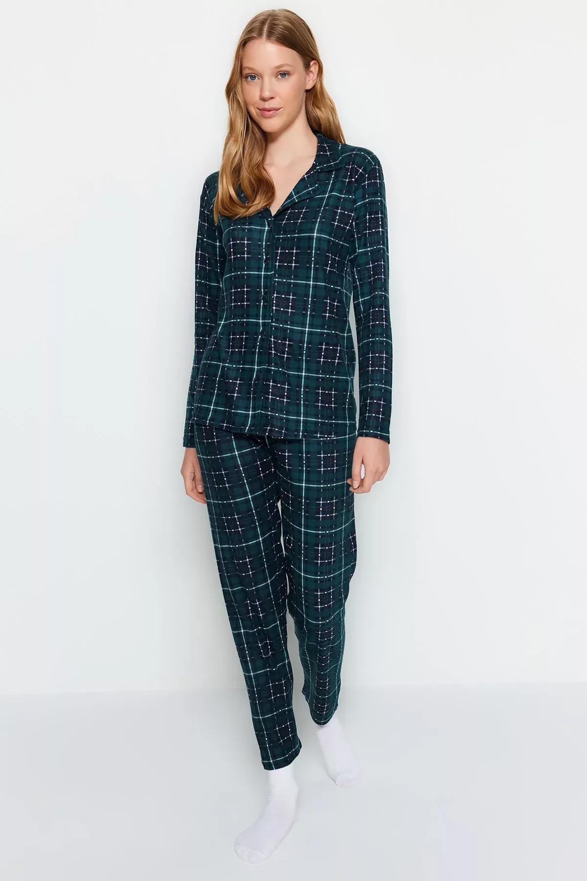 Green Checkered Knitted Pyjamas Set., Green, large image number 3