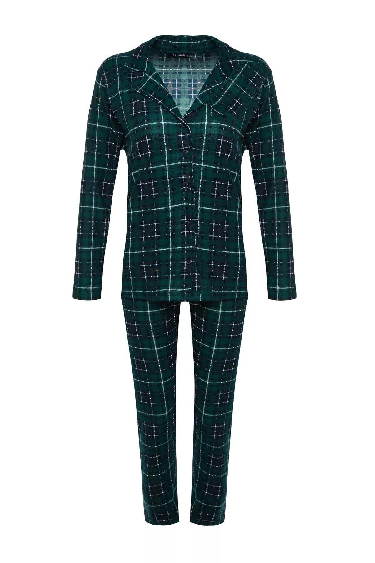 Green Checkered Knitted Pyjamas Set., Green, large image number 7