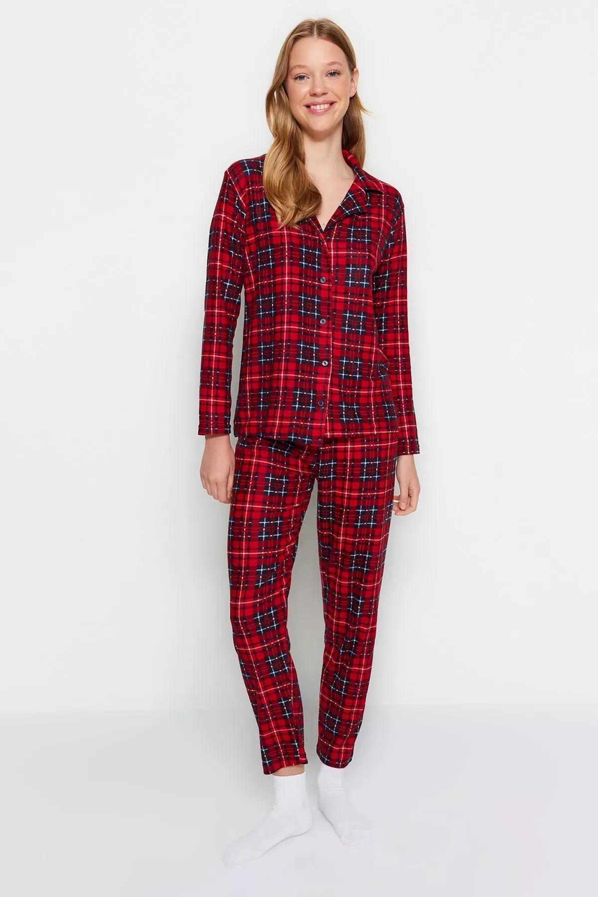 Red Checkered Knitted Pyjamas Set, Red, large image number 2