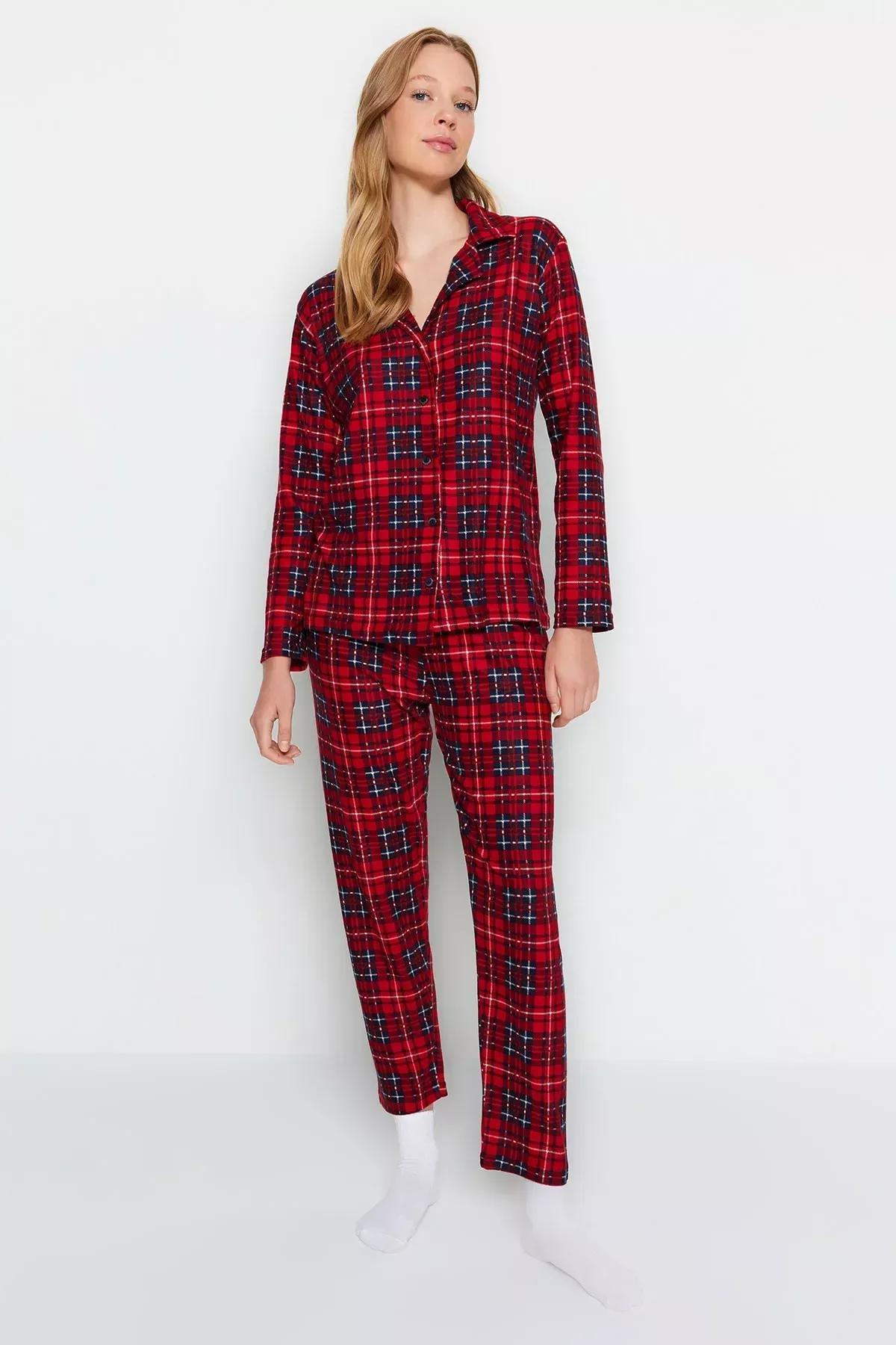 Red Checkered Knitted Pyjamas Set, Red, large image number 3