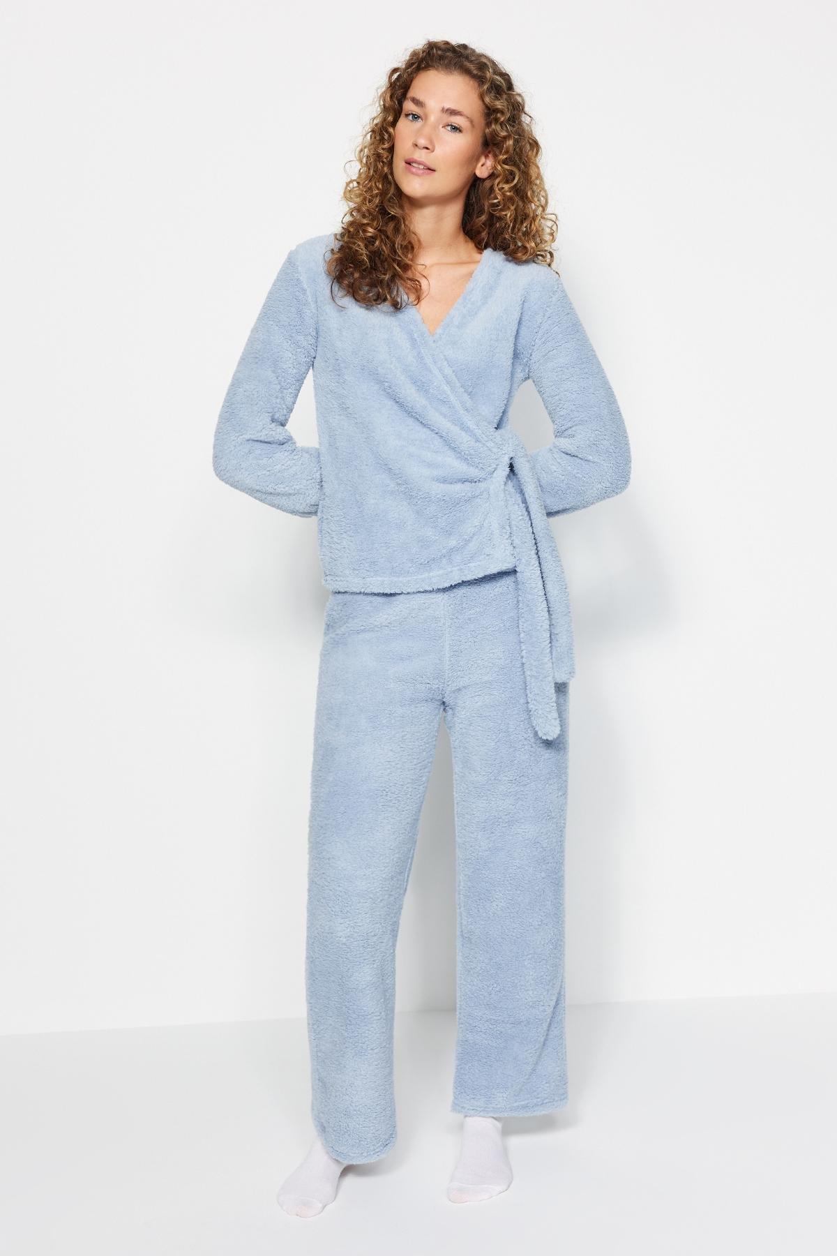 Trendyol - Blue Double-Breasted Knitted Pyjamas Set