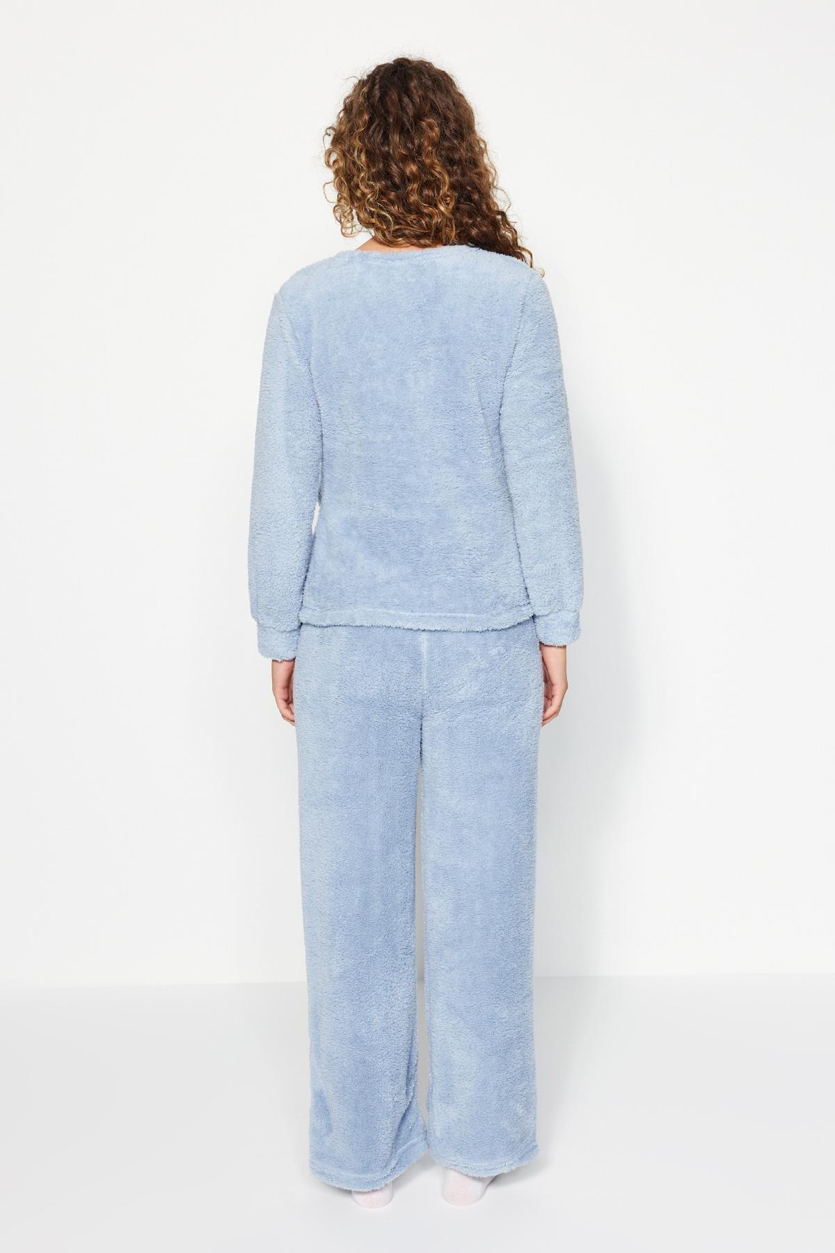 Trendyol - Blue Double-Breasted Knitted Pyjamas Set