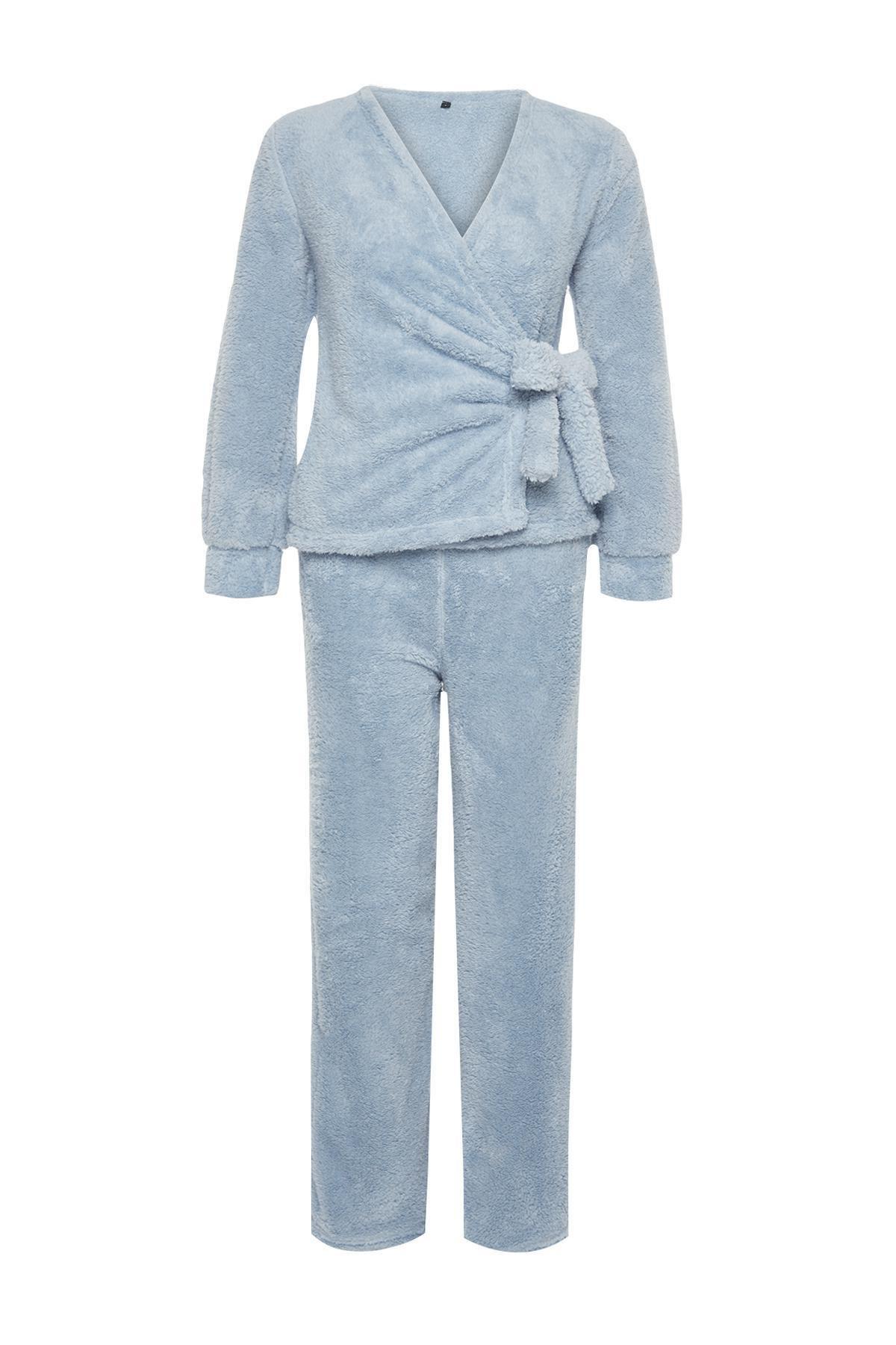 Trendyol - Blue Double-Breasted Knitted Pyjamas Set