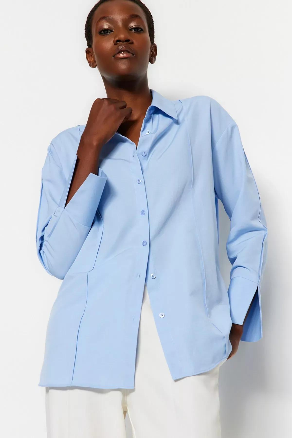 Blue Ribbed Detailed Woven Shirt, LIGHT BLUE, large image number 0
