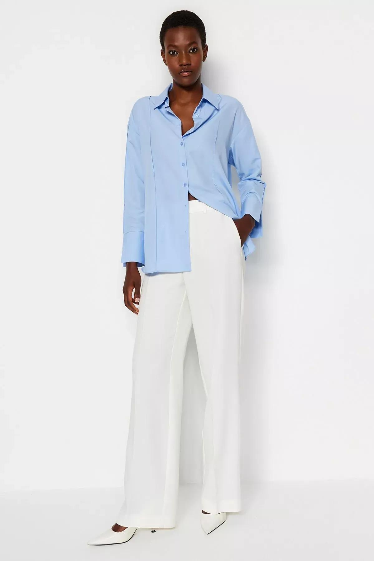 Blue Ribbed Detailed Woven Shirt, LIGHT BLUE, large image number 1