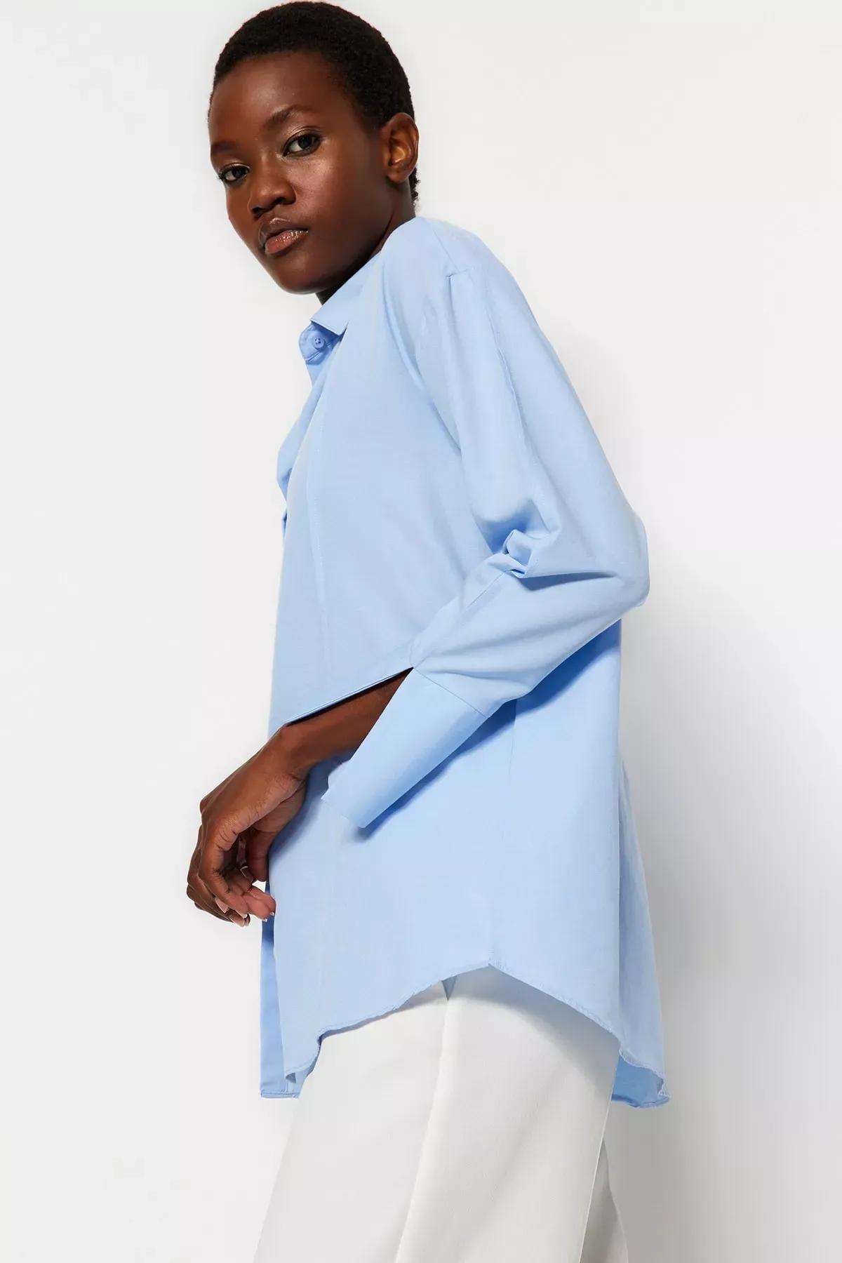 Blue Ribbed Detailed Woven Shirt, LIGHT BLUE, large image number 2