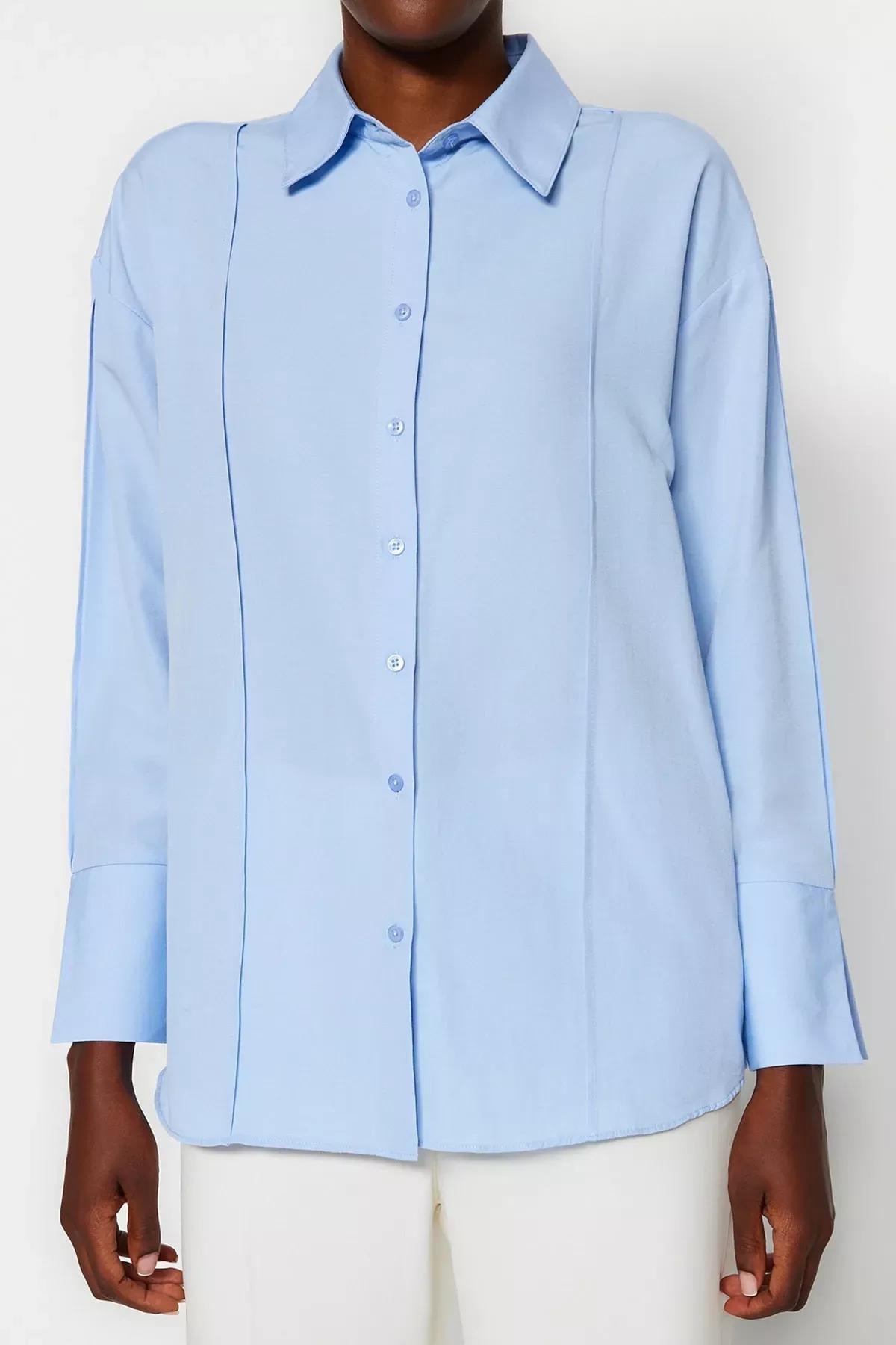 Blue Ribbed Detailed Woven Shirt, LIGHT BLUE, large image number 3
