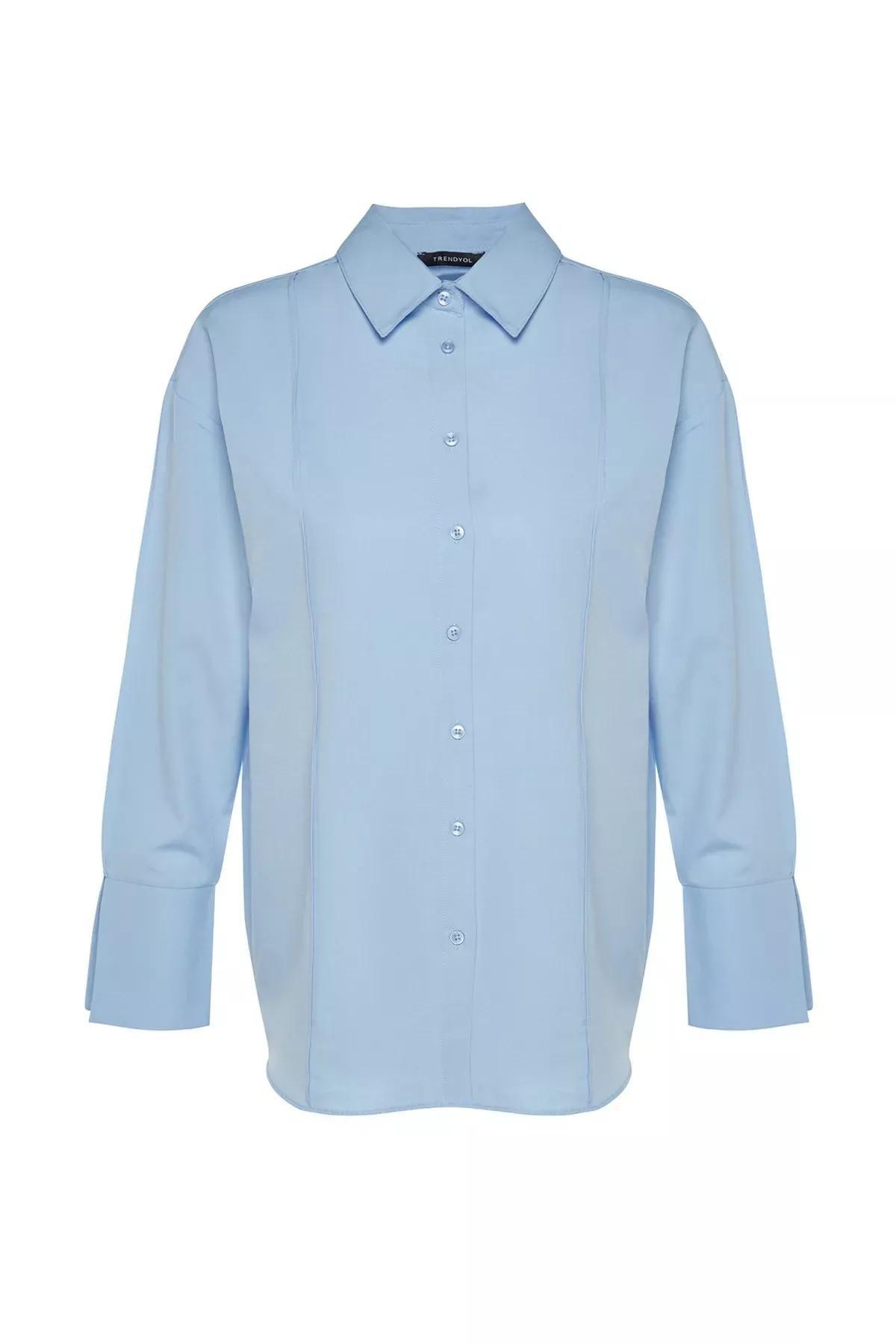 Blue Ribbed Detailed Woven Shirt, LIGHT BLUE, large image number 5