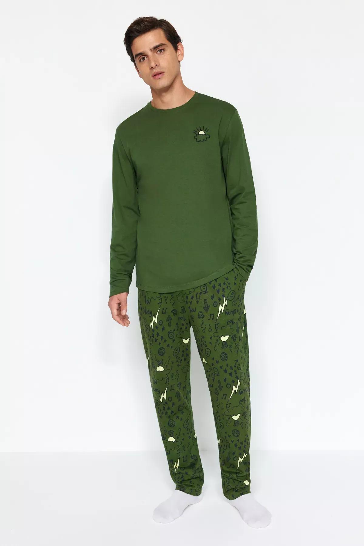 Khaki Embroidered Knitted Pyjamas Set, , large image number 0