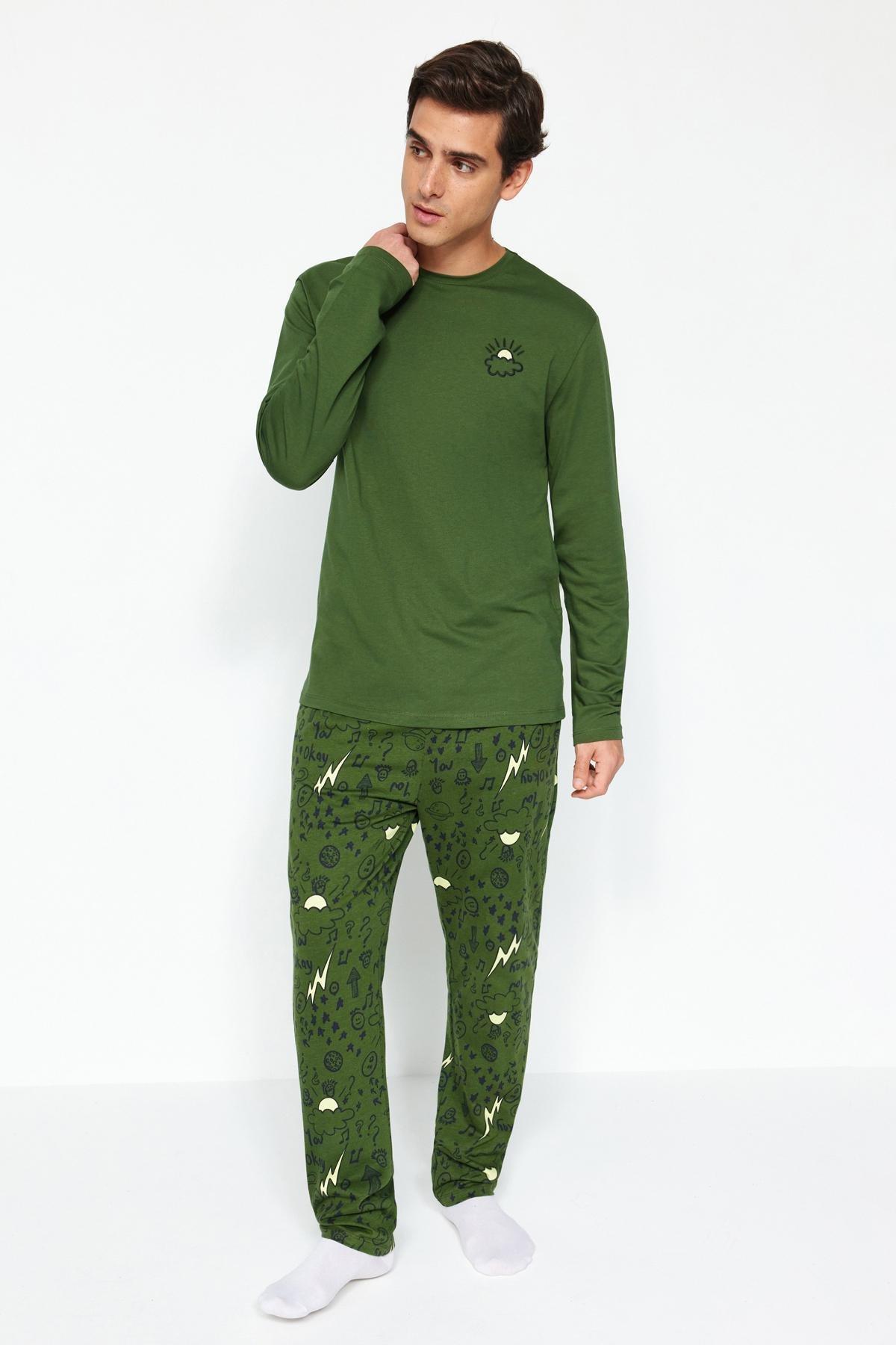 Khaki Embroidered Knitted Pyjamas Set, , large image number 1