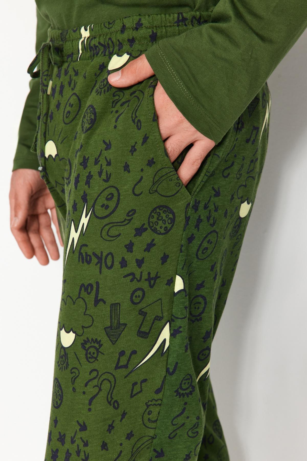 Khaki Embroidered Knitted Pyjamas Set, , large image number 6